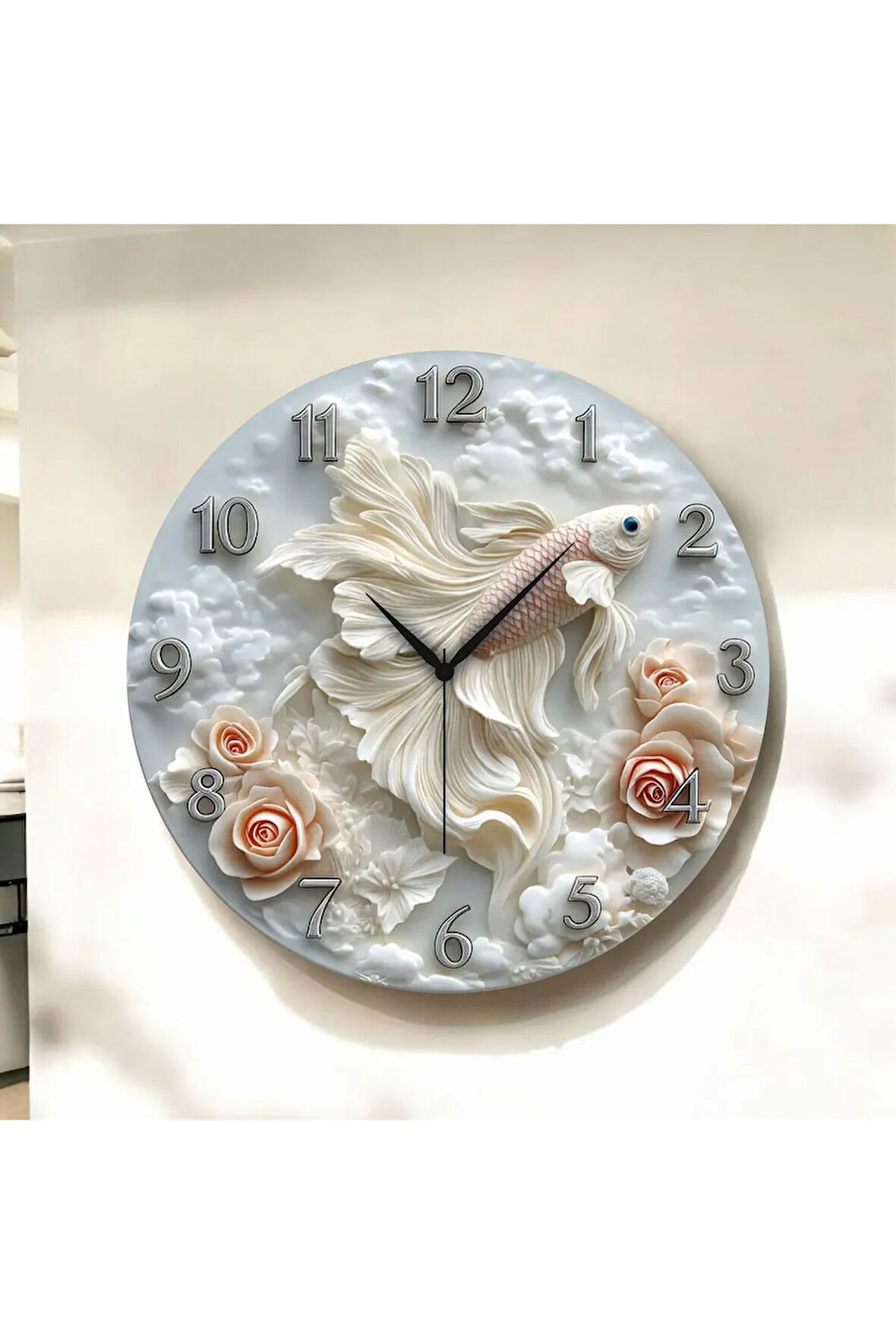 Renkli Baskı Balık Gül Çiçek Desenli Sayılı Hediyelik Ahşap Sessiz Duvar Saati 50cm