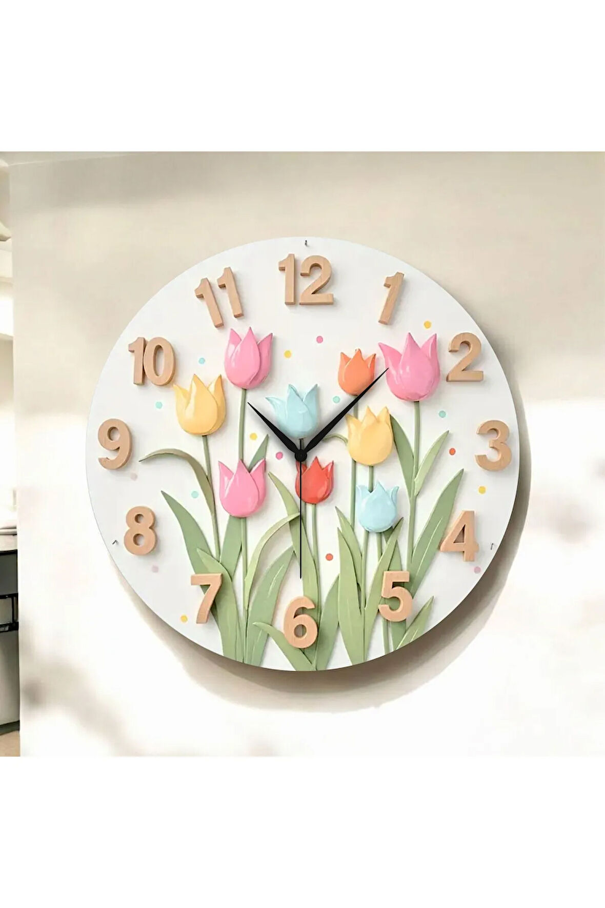 Renkli Baskı Çiçek Desenli Sayılı Hediyelik Ahşap Sessiz Duvar Saati 50cm