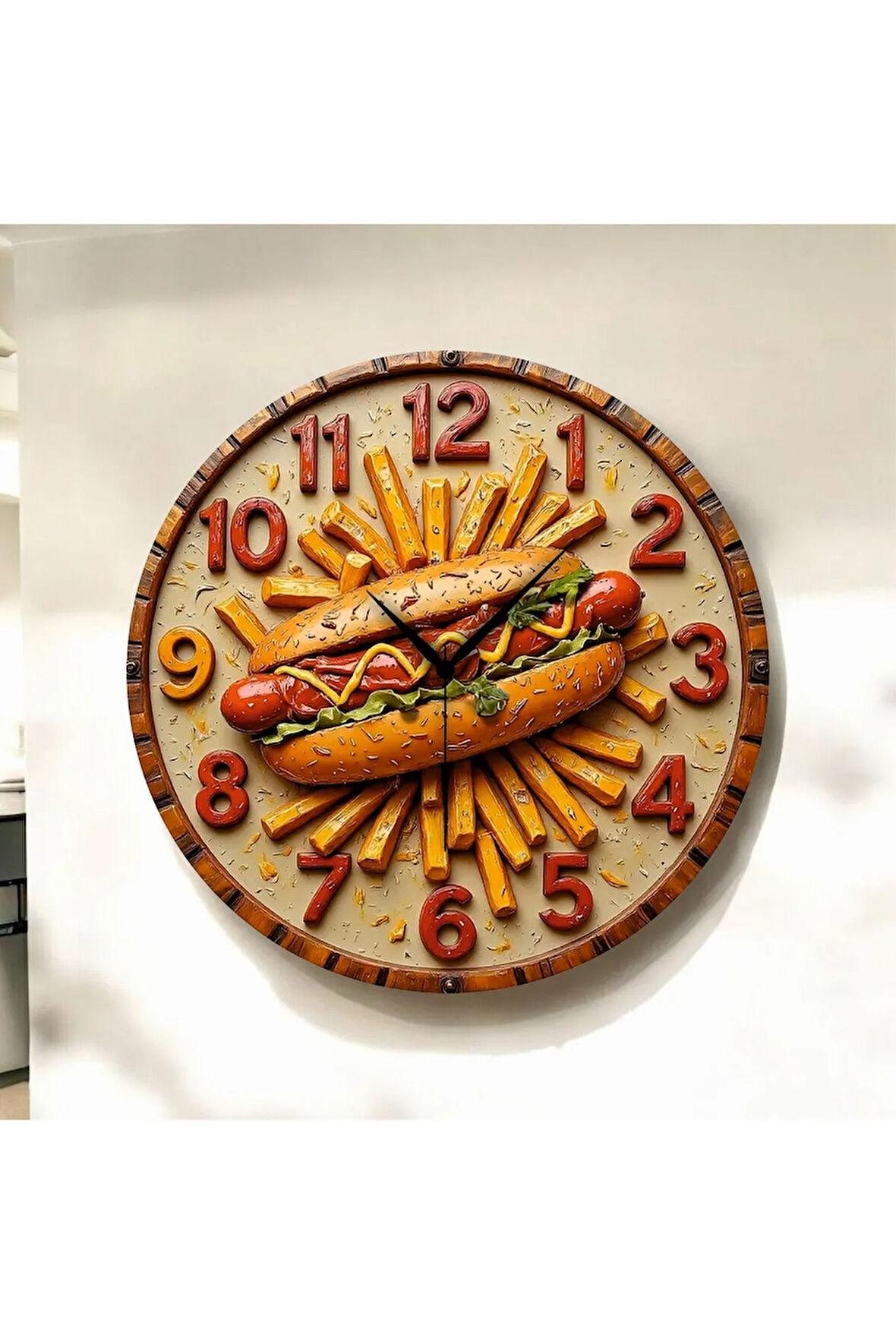 Renkli Baskı Büfe Sosis Yemek Desenli Sayılı Hediyelik Ahşap Sessiz Duvar Saati 50cm