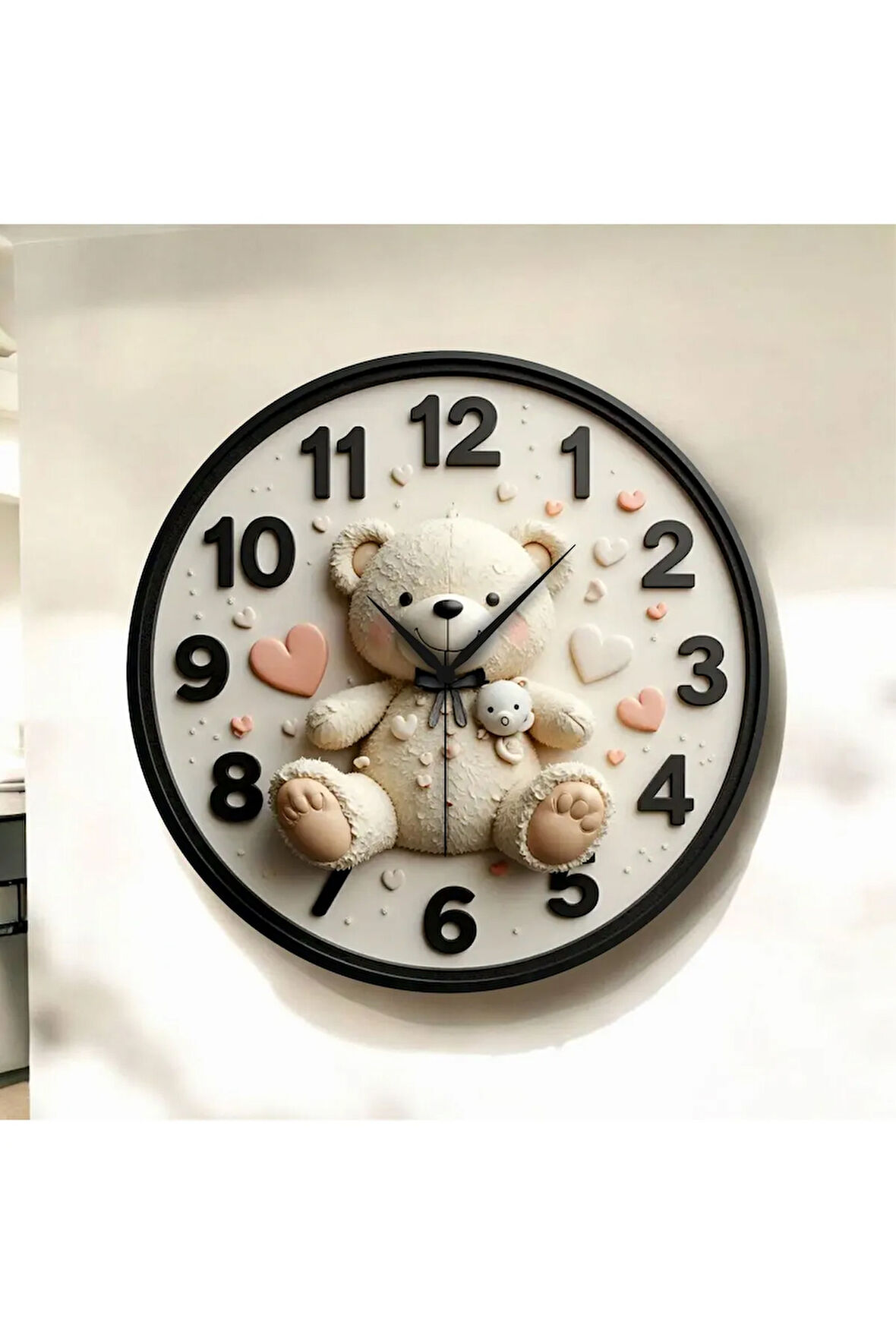 Renkli Baskı Ayıcık Çocuk Desenli Sayılı Hediyelik Ahşap Sessiz Duvar Saati 50cm