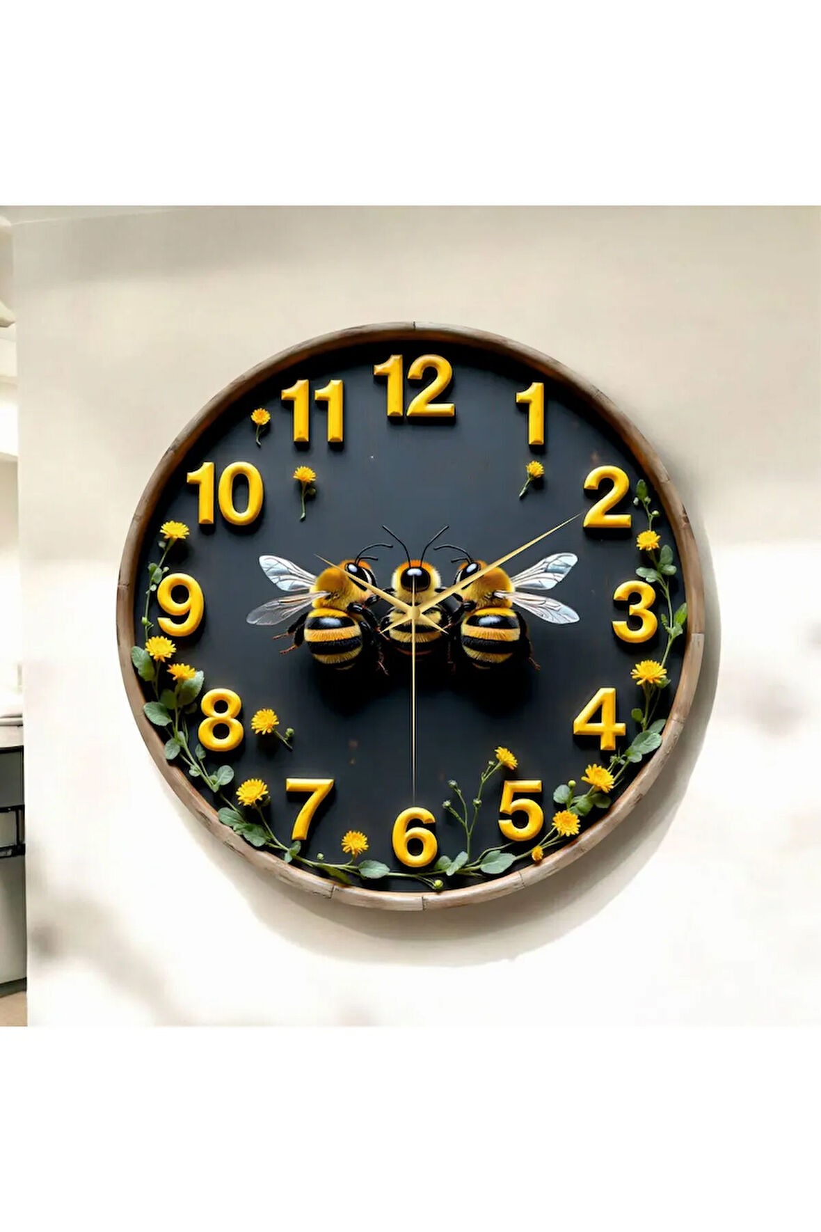 Renkli Baskı Arı Hayvan Desenli Sayılı Hediyelik Ahşap Sessiz Duvar Saati 50cm