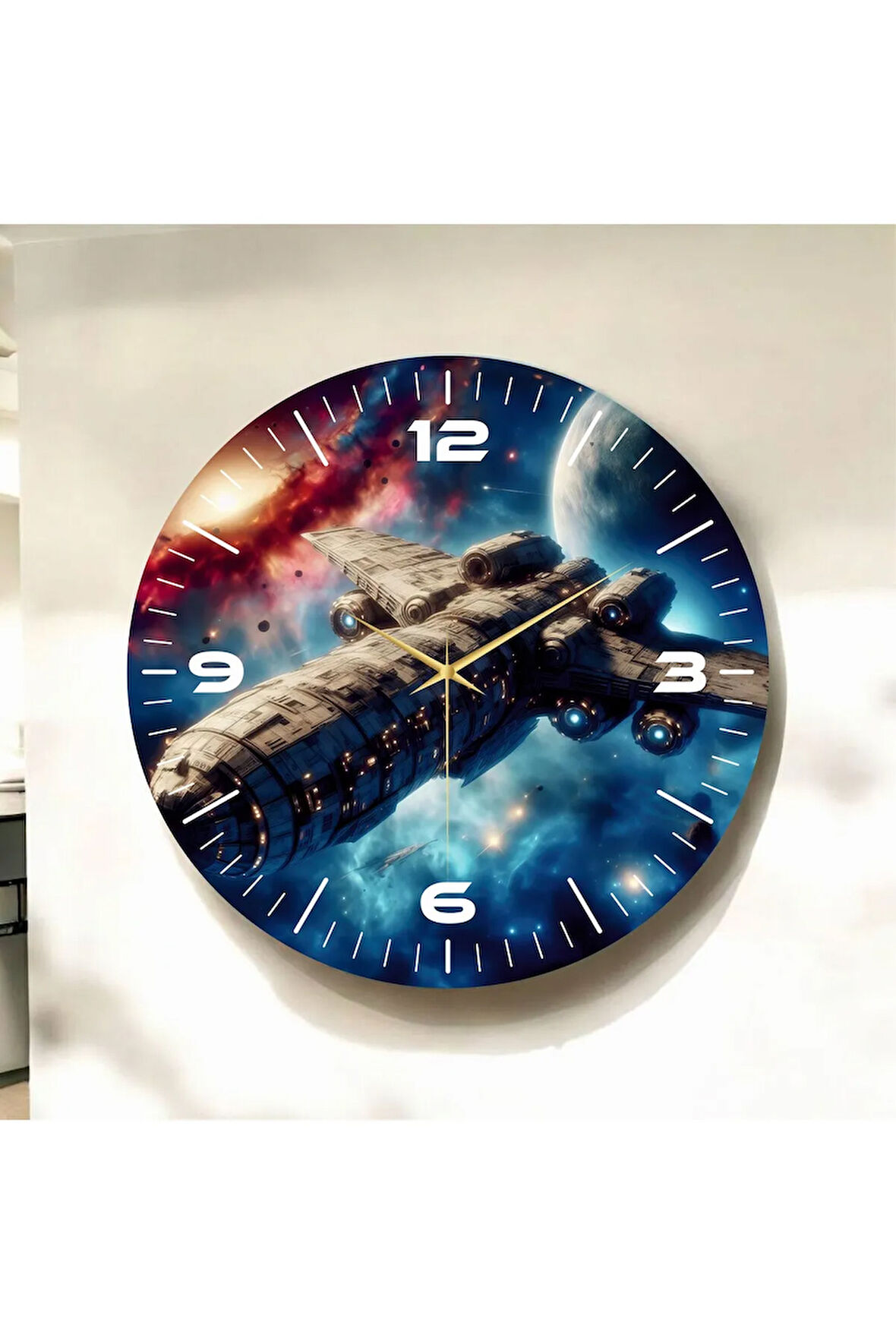 Renkli Baskı Uzay Desenli Sayılı Hediyelik Ahşap Sessiz Duvar Saati 50cm
