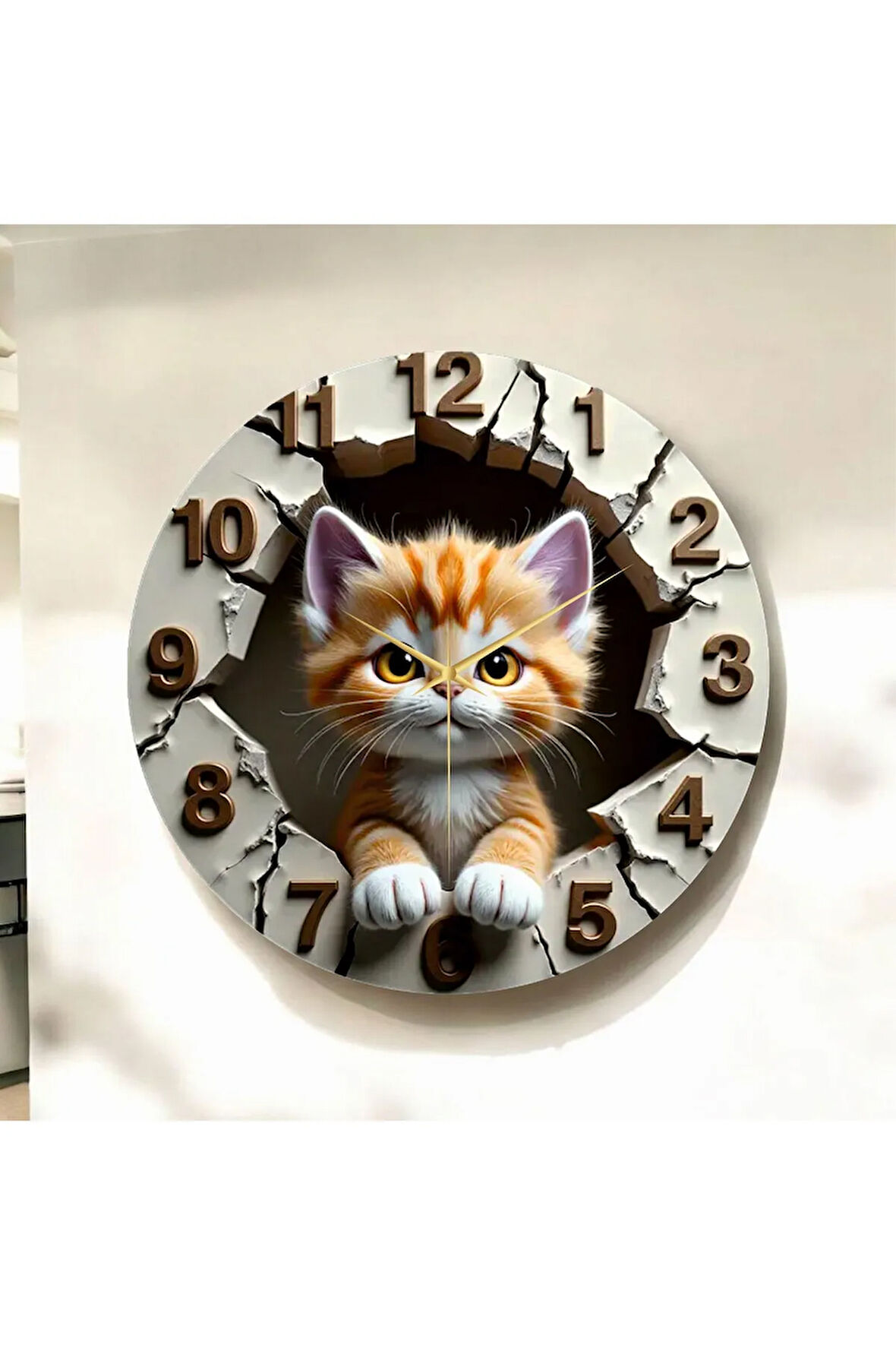 Renkli Baskı Kedi Çocuk Desenli Sayılı Hediyelik Ahşap Sessiz Duvar Saati 50cm