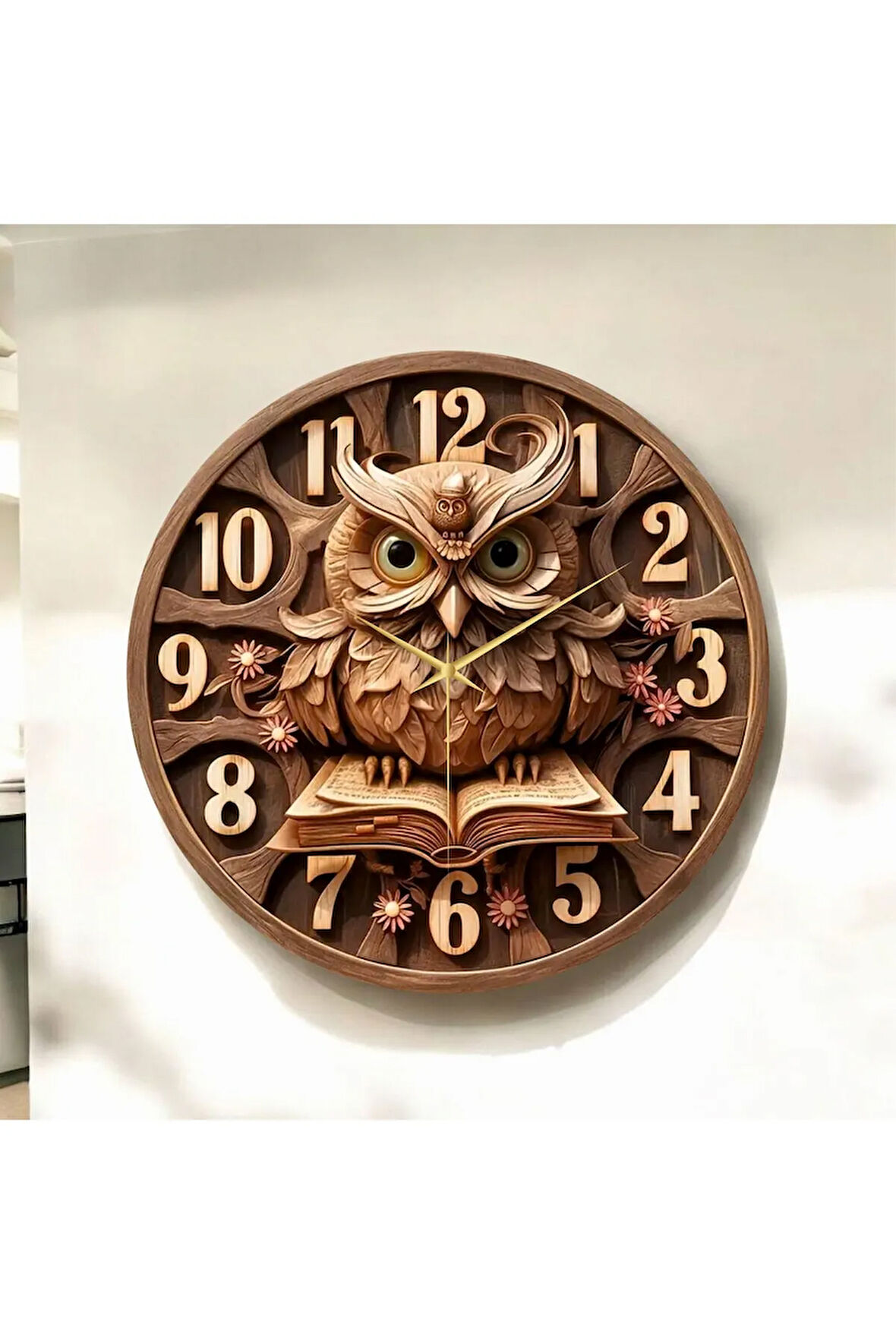 Renkli Baskı Baykuş Kitap Desenli Sayılı Hediyelik Ahşap Sessiz Duvar Saati 50cm