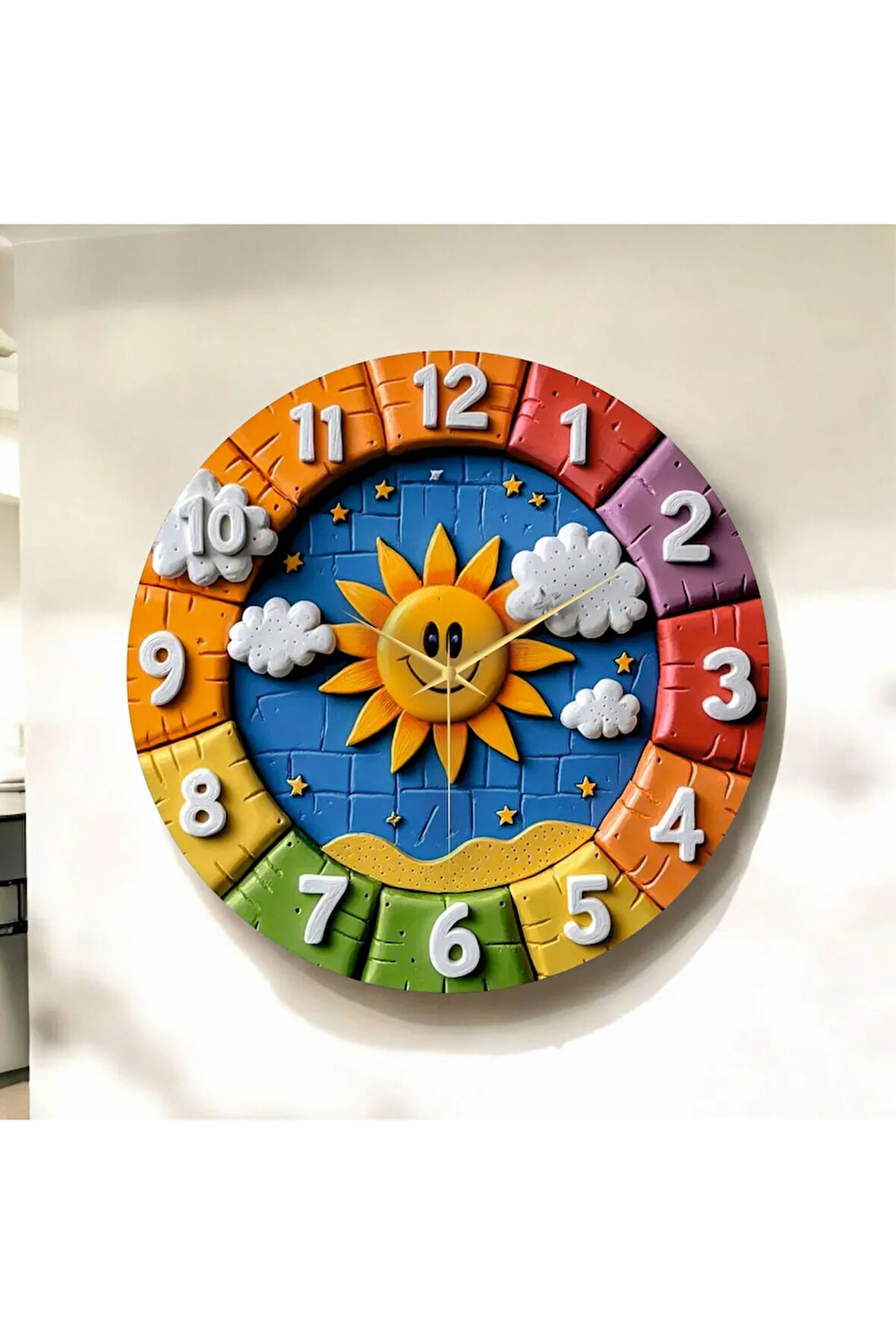 Renkli Baskı Güneş Çocuk Desenli Sayılı Hediyelik Ahşap Sessiz Duvar Saati 50cm