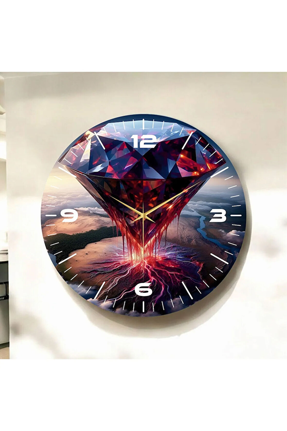 Renkli Baskı Elmas Desenli Sayılı Hediyelik Ahşap Sessiz Duvar Saati 50cm