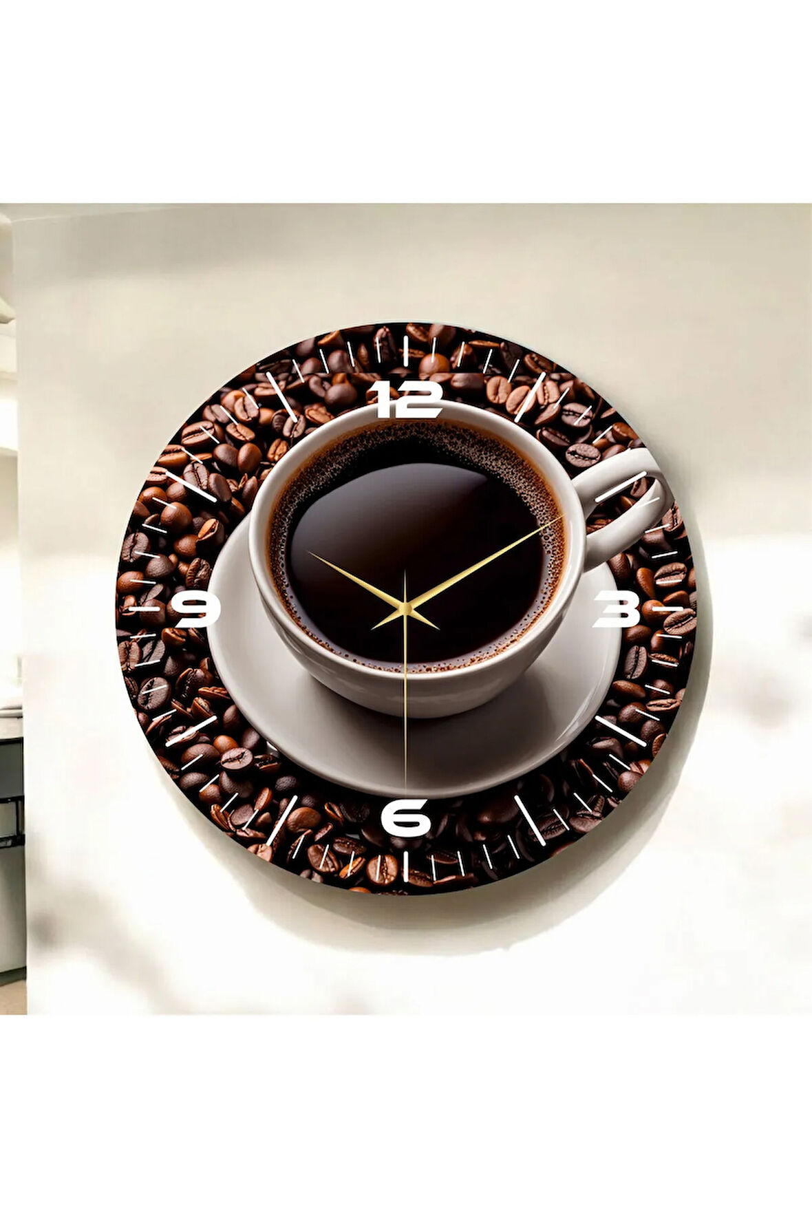 Renkli Baskı Kahve Desenli Sayılı Hediyelik Ahşap Sessiz Duvar Saati 50cm