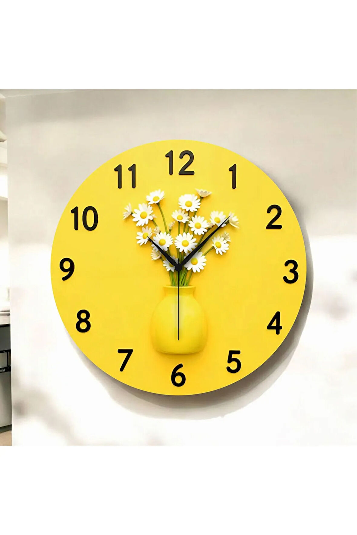 2D Kabartma Görünümlü Sarı Saksı Çiçek Renkli Baskı Sayılı Hediyelik Ahşap Sessiz Duvar Saati 50cm