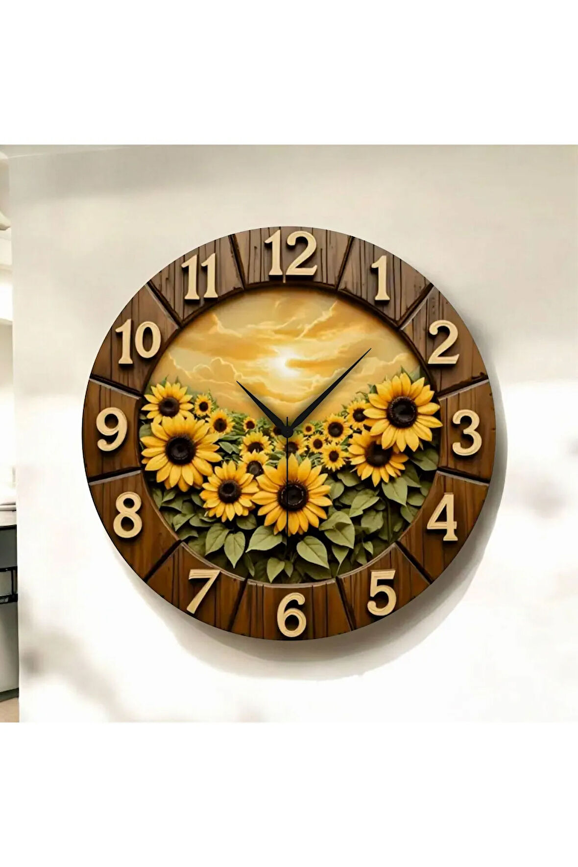2D Ayçiçeği Desenli Renkli Baskı Sayılı Hediyelik Ahşap Sessiz Duvar Saati 50cm