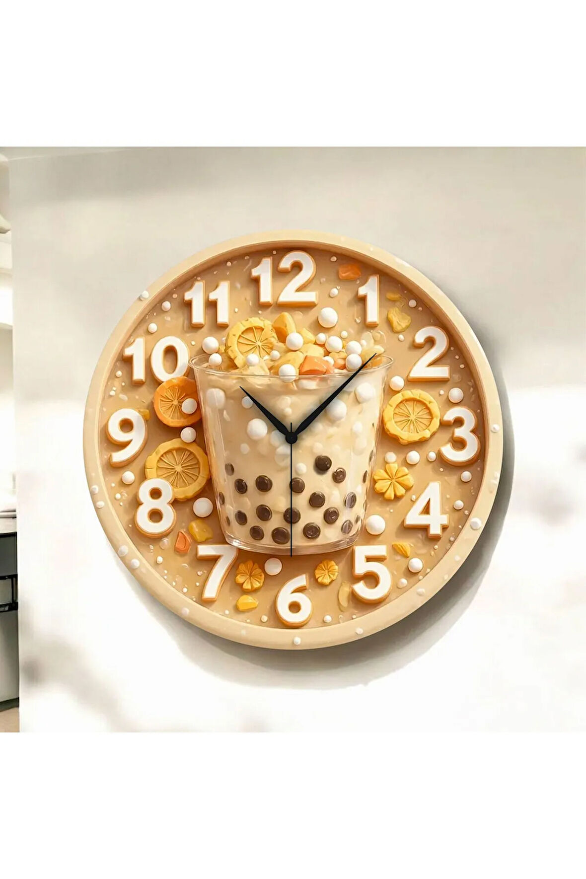 Bubble Tea Kabartma Görünümlü Renkli Baskı Desenli Sayılı Hediyelik Ahşap Sessiz Duvar Saati 50cm