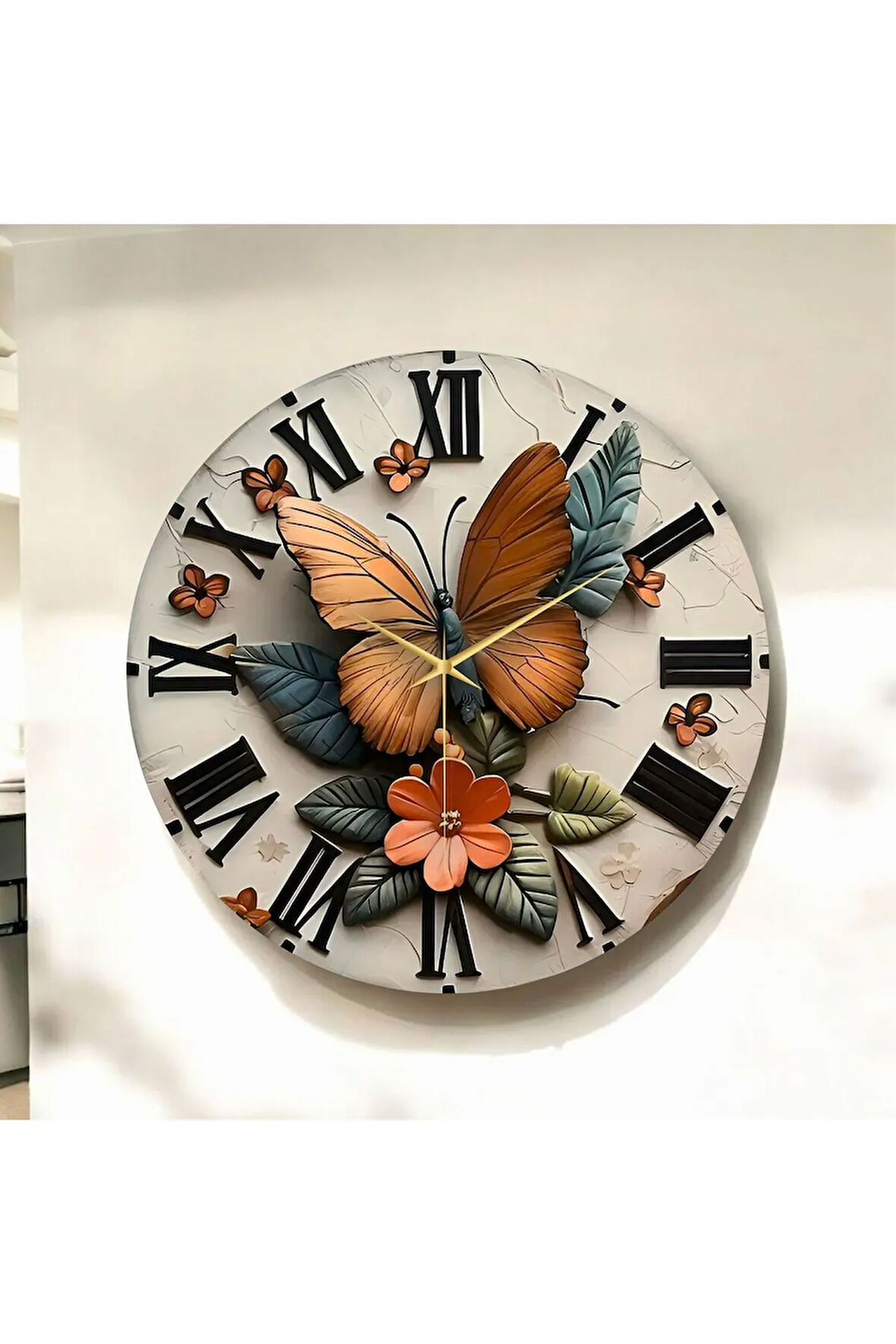 Renkli Baskı Kelebek Yaprak Desenli Sayılı Hediyelik Ahşap Sessiz Duvar Saati 50cm