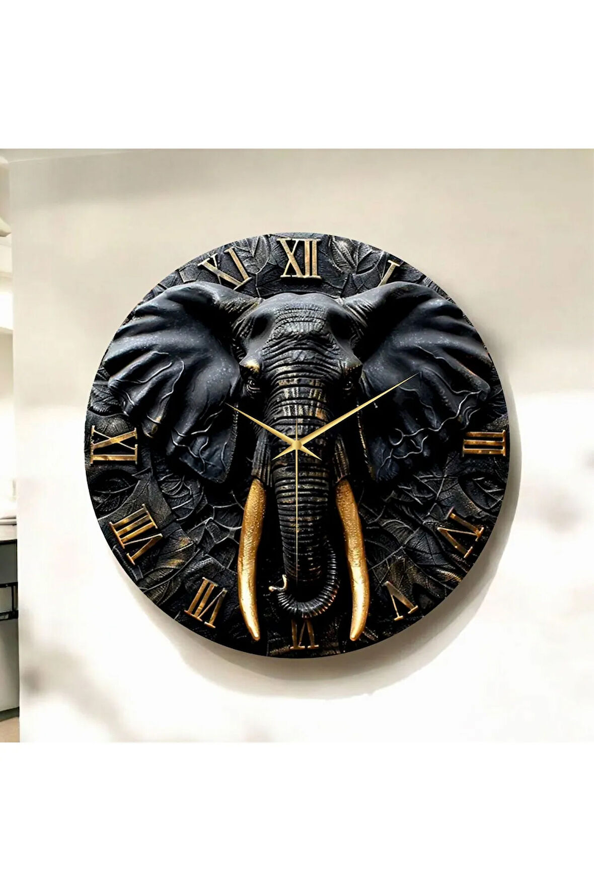 Kabartma Görünümlü Renkli Baskı Fil Hayvan Desenli Sayılı Hediyelik Ahşap Sessiz Duvar Saati 50cm