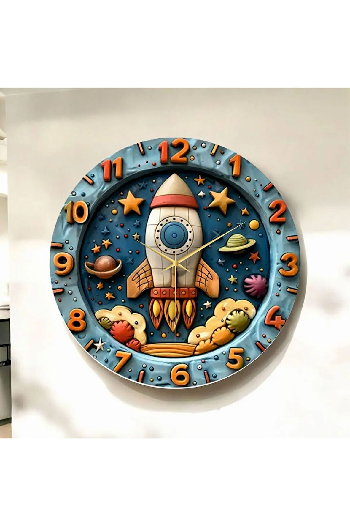 Renkli Baskı Uzay Çocuk Desenli Sayılı Hediyelik Ahşap Sessiz Duvar Saati 50cm