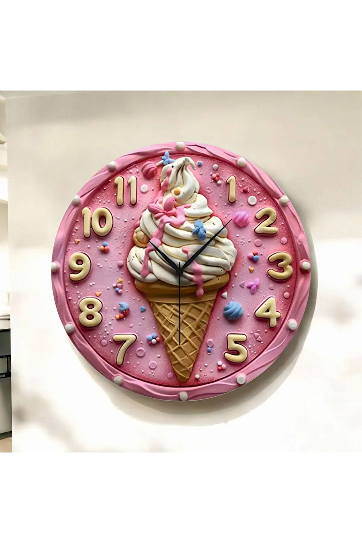 Renkli Baskı Dondurma Desenli Sayılı Hediyelik Ahşap Sessiz Duvar Saati 50cm