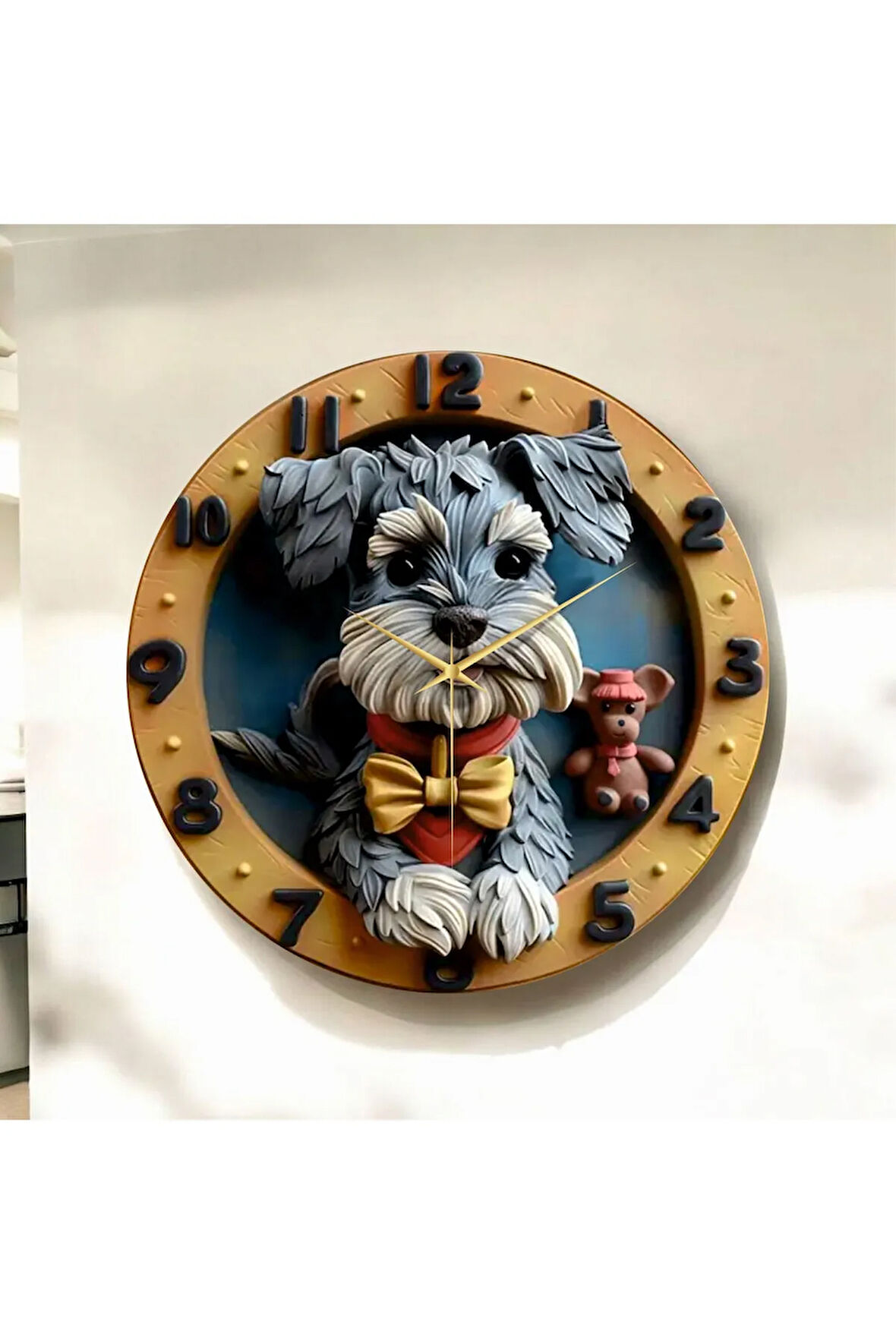 Renkli Baskı Köpek Hayvan Desenli Sayılı Hediyelik Ahşap Sessiz Duvar Saati 50cm