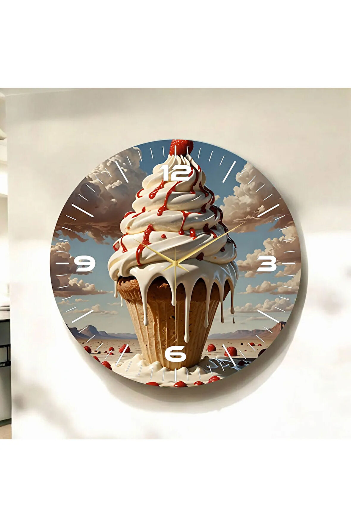Renkli Baskı Dondurma Desenli Sayılı Hediyelik Ahşap Sessiz Duvar Saati 50cm