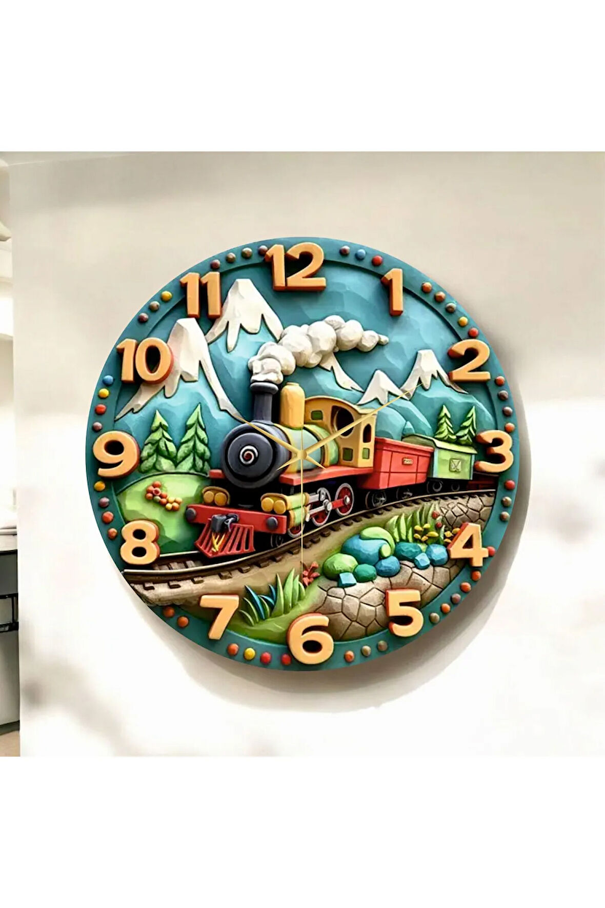 Renkli Baskı Tren Çocuk Desenli Sayılı Hediyelik Ahşap Sessiz Duvar Saati 50cm