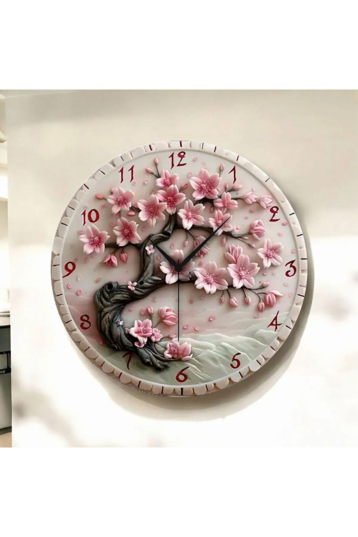 Renkli Baskı Çiçek Desenli Sayılı Hediyelik Ahşap Sessiz Duvar Saati 50cm