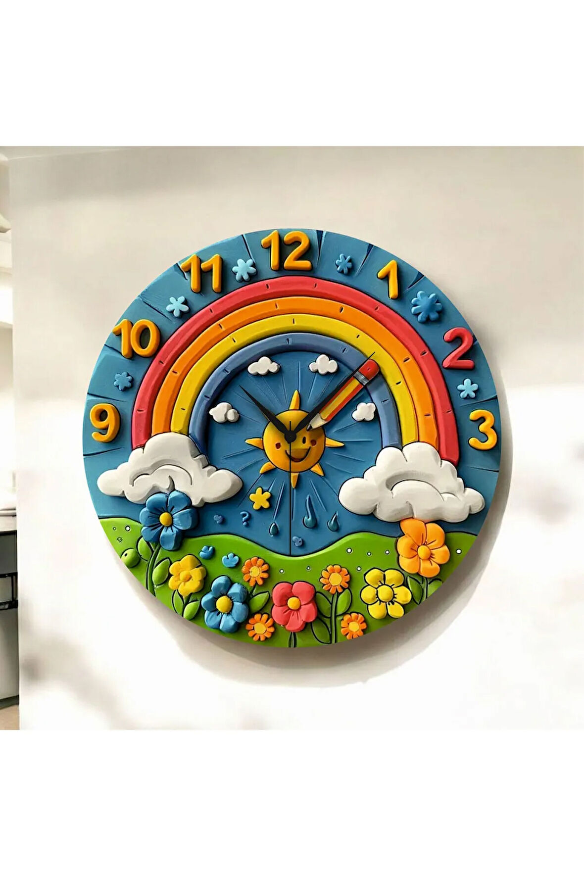 Renkli Baskı Güneş Doğa Çocuk Desenli Sayılı Hediyelik Ahşap Sessiz Duvar Saati 50cm