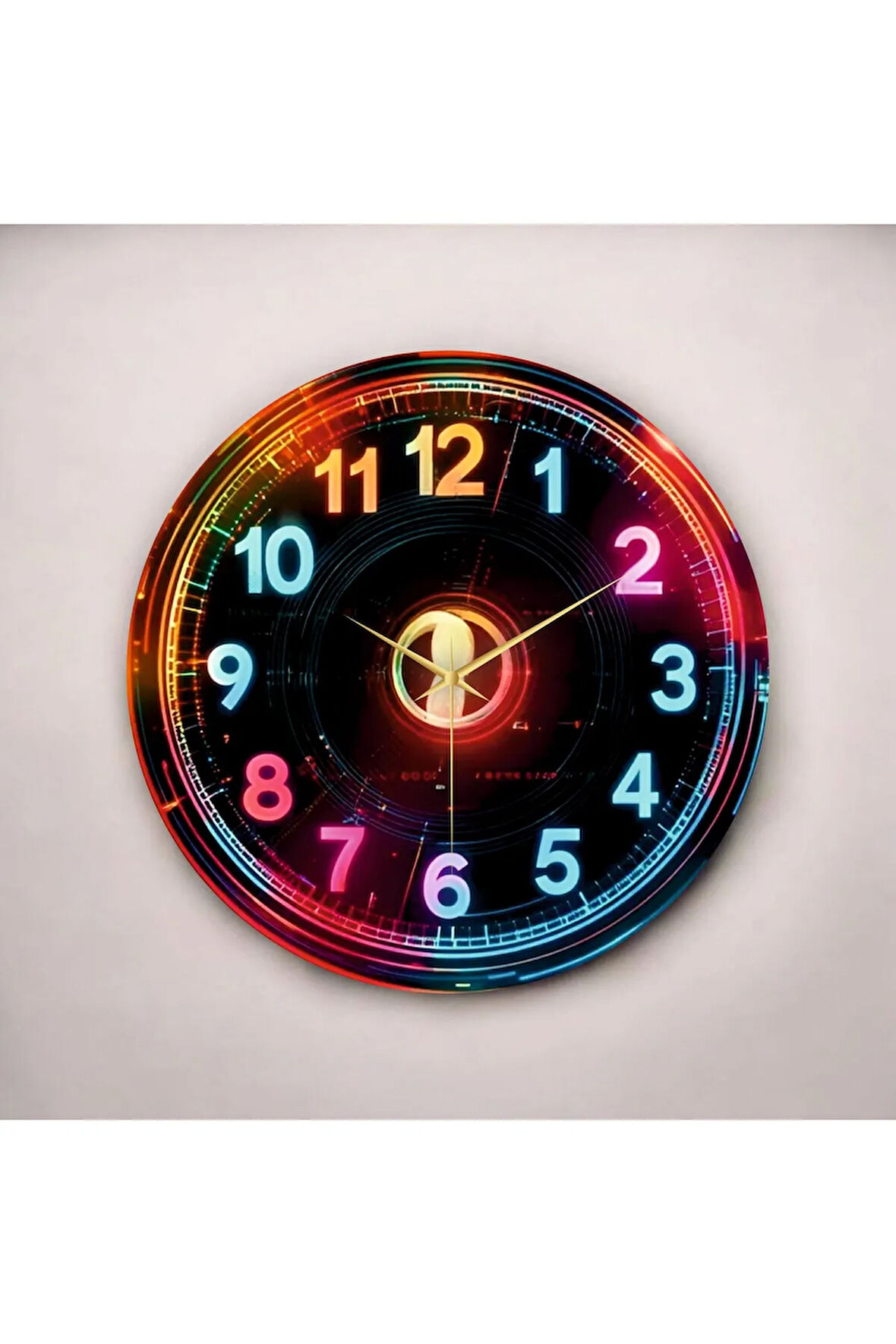 Dijital Görünümlü Neon Renkli Baskı Desenli Sayılı Hediyelik Ahşap Sessiz Duvar Saati 50cm