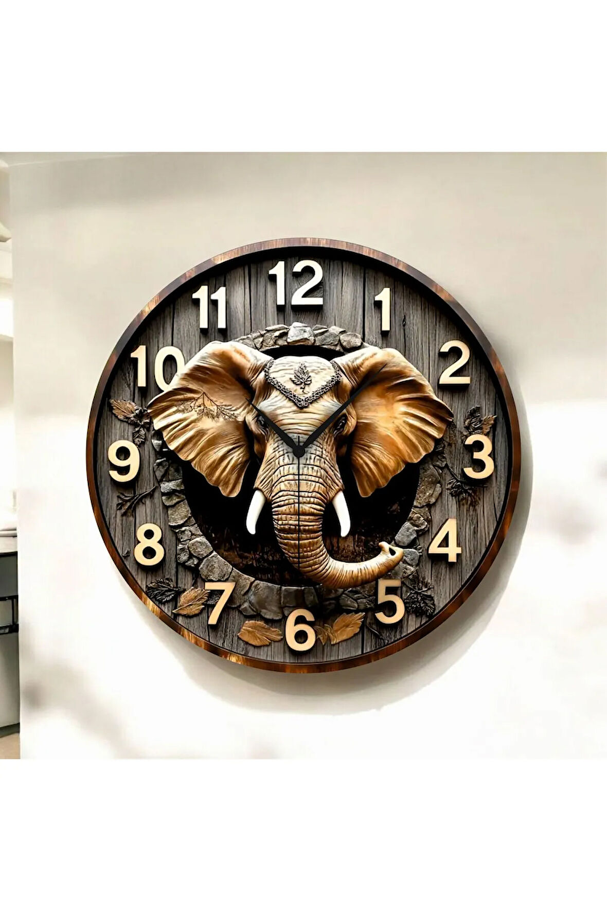 Fil Tasarımlı Renkli Kabartma Görünümlü Baskı Desenli Sayılı Hediyelik Ahşap Sessiz Duvar Saati 50cm