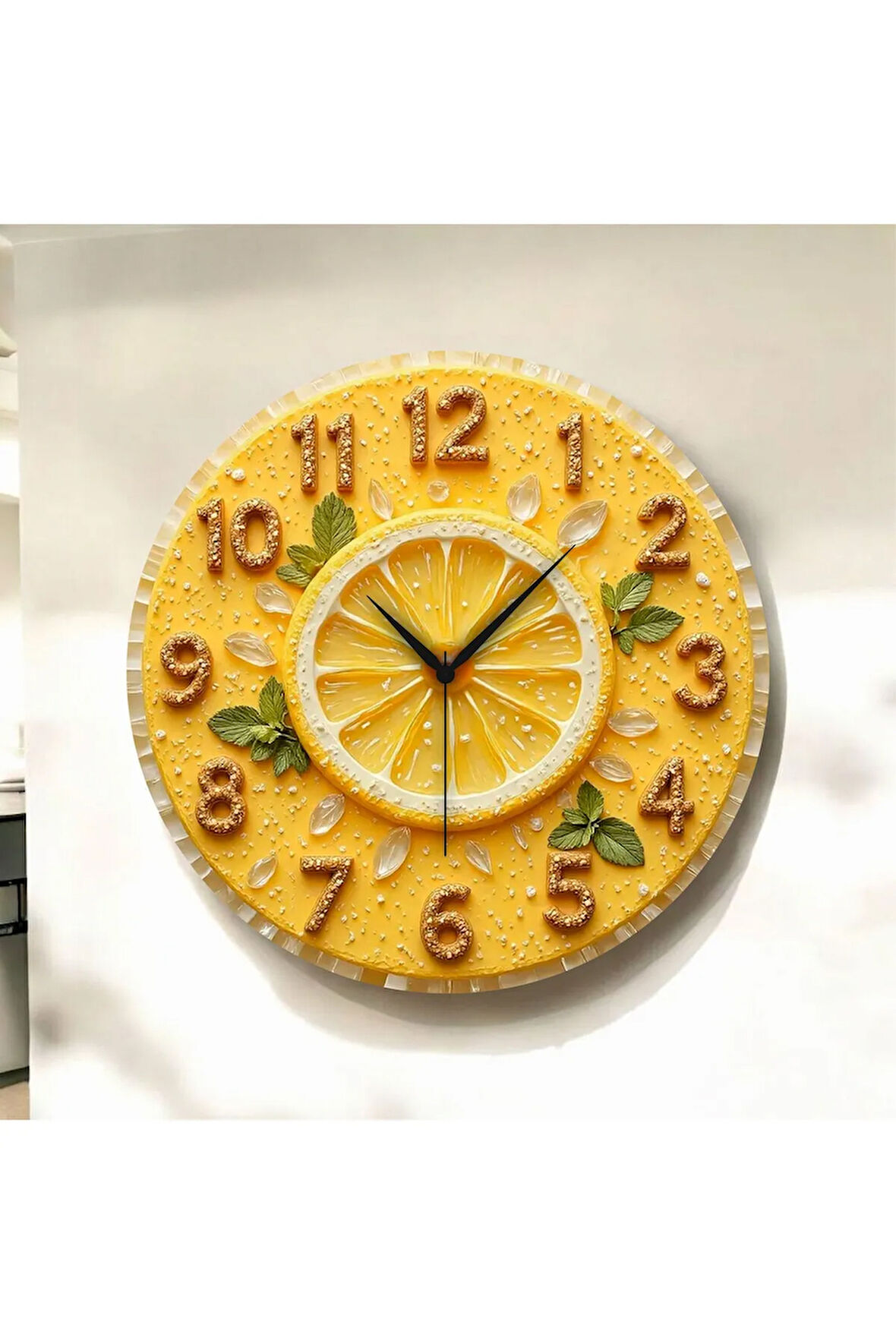 2D Kabartma Görünümlü Limon Renkli Baskı Desenli Sayılı Hediyelik Ahşap Sessiz Duvar Saati 50cm