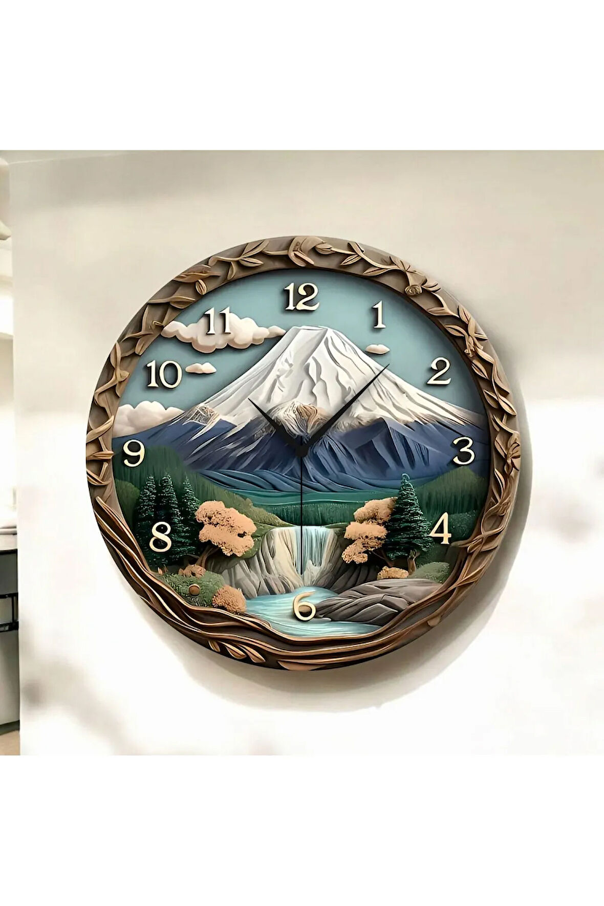 Kabartma Görünümlü Renkli Baskı Doğa Desenli Sayılı Hediyelik Ahşap Sessiz Duvar Saati 50cm