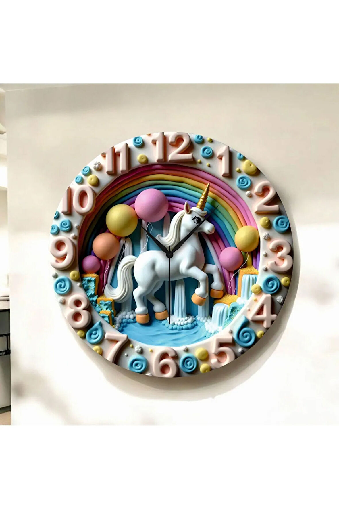 Renkli Baskı Çocuk Desenli Sayılı Hediyelik Ahşap Sessiz Duvar Saati 50cm