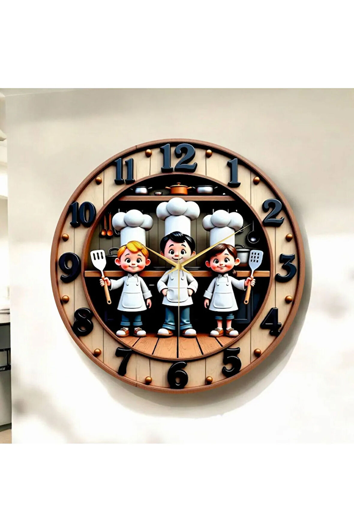 Çocuk Aşçılar Kabartma Görünümlü Renkli Baskı Desenli Sayılı Hediyelik Ahşap Sessiz Duvar Saati 50cm