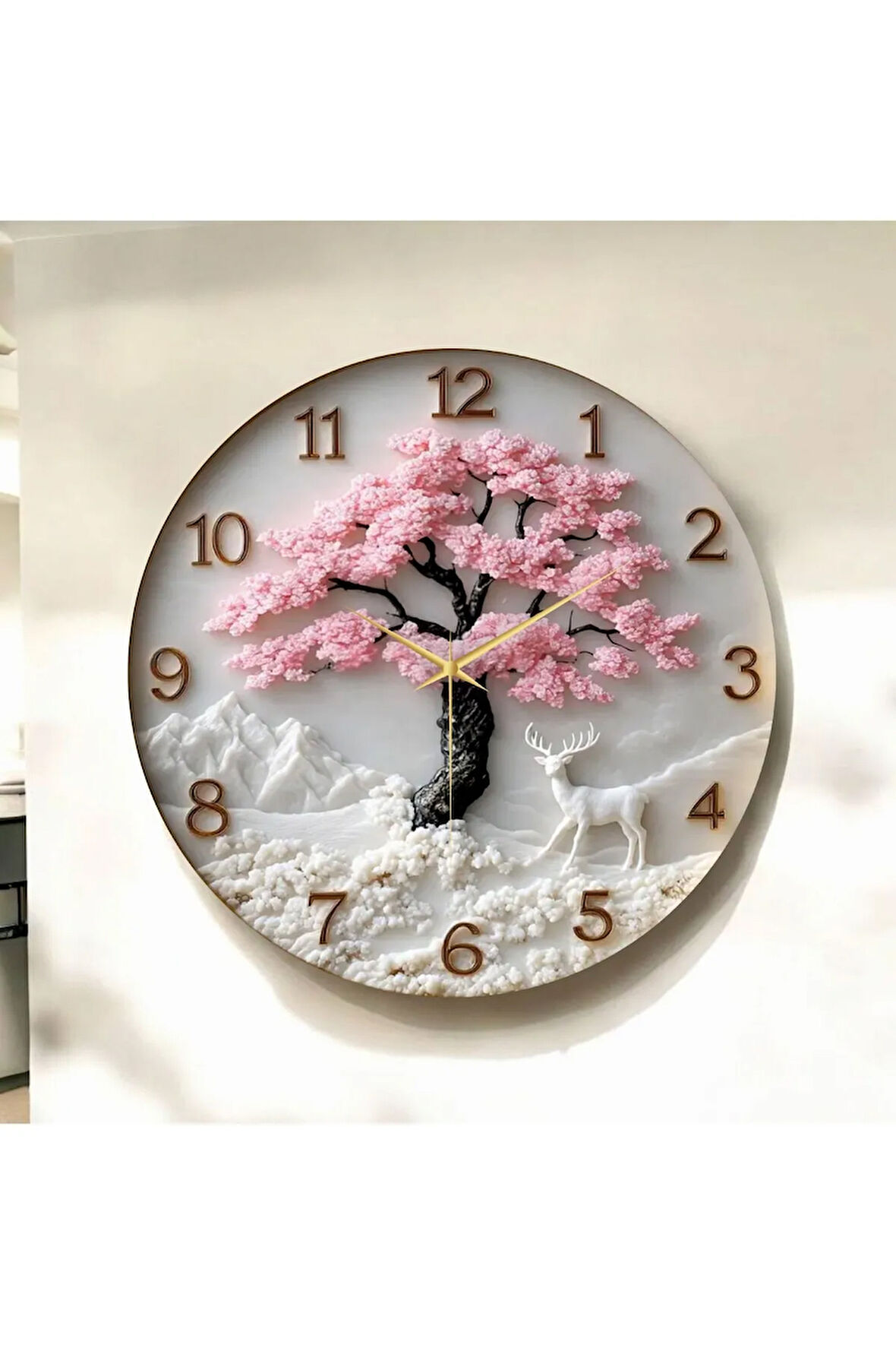 Renkli Baskı Ağaç Doğa Desenli Sayılı Hediyelik Ahşap Sessiz Duvar Saati 50cm