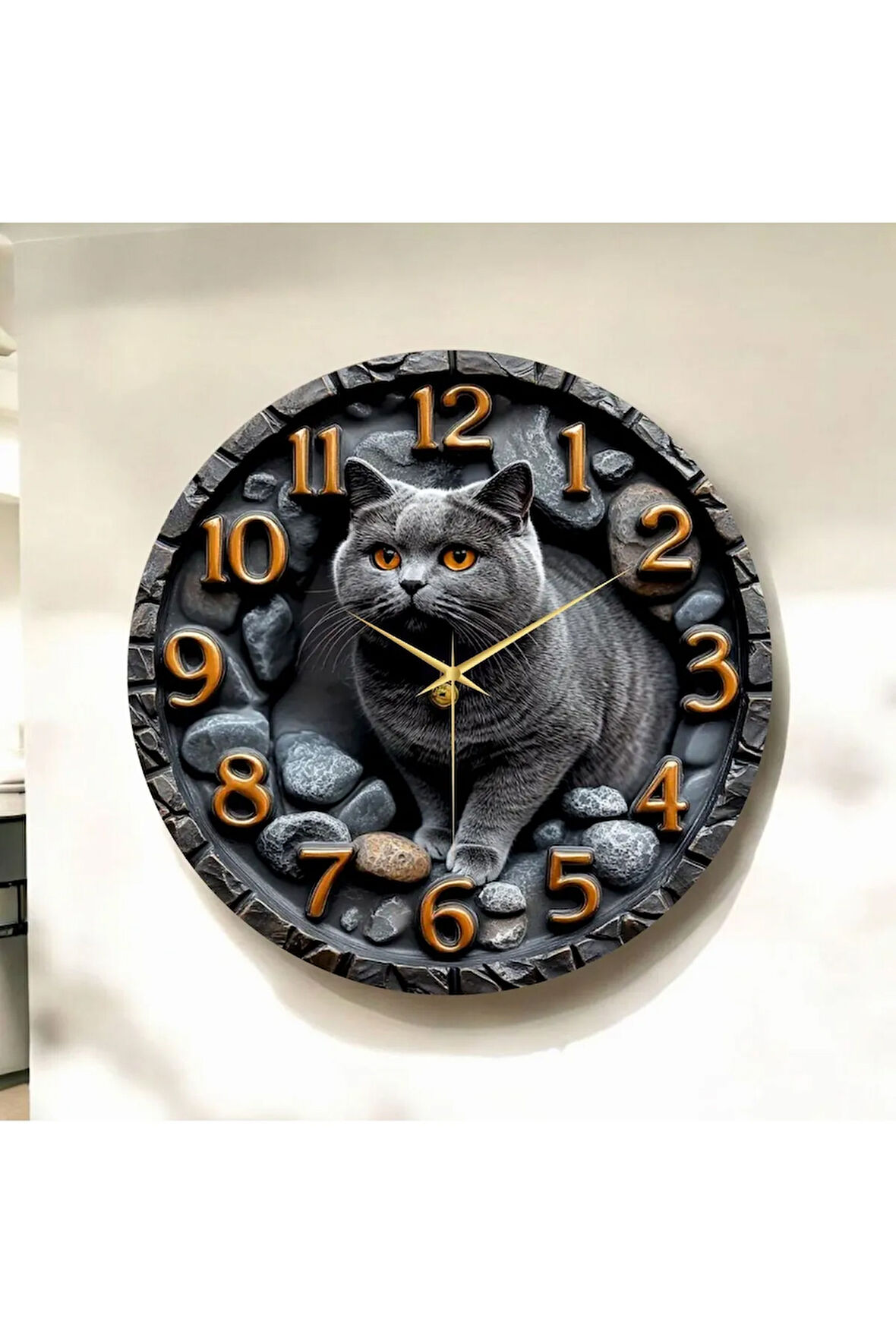 Scottish Kedi Kabartma Görünümlü Renkli Baskı Desenli Sayılı Hediyelik Ahşap Sessiz Duvar Saati 50cm