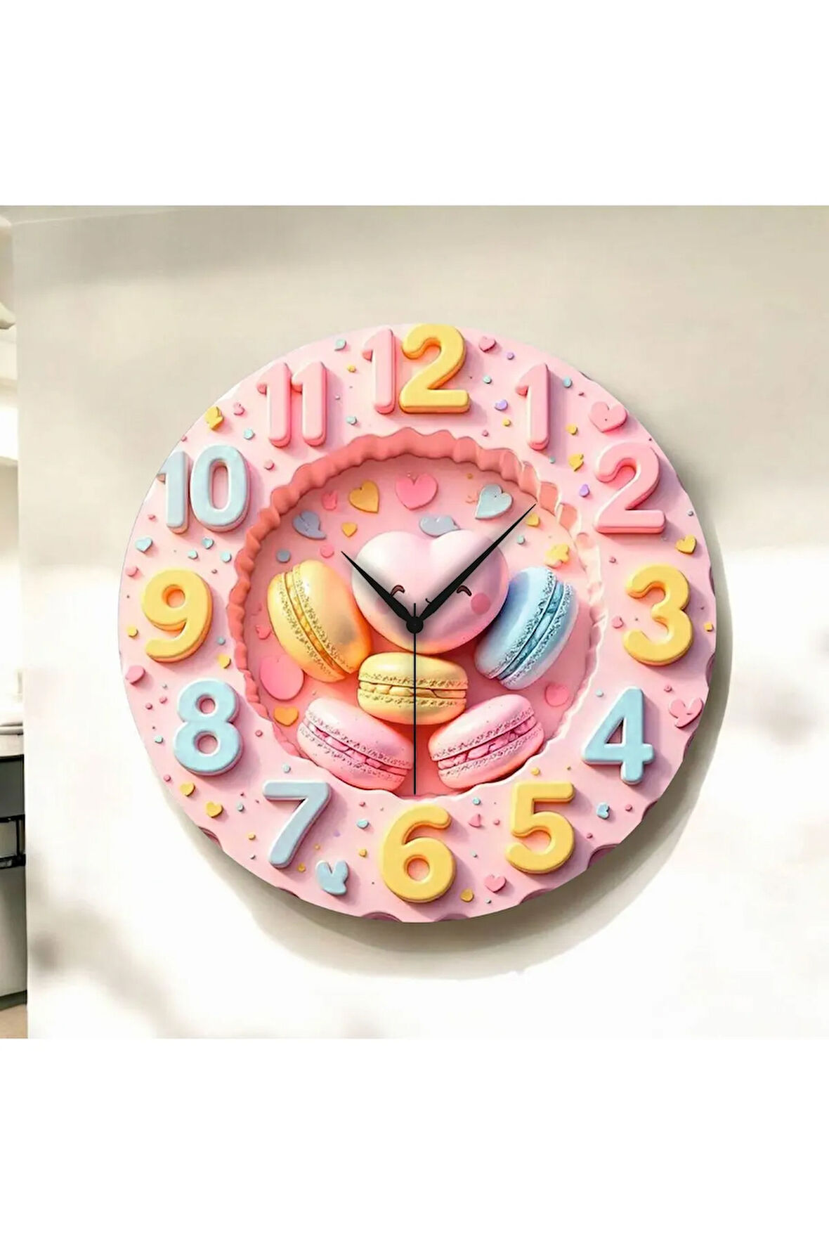 2D Kabartma Görünümlü Makaron Renkli Baskı Desenli Sayılı Hediyelik Ahşap Sessiz Duvar Saati 50cm