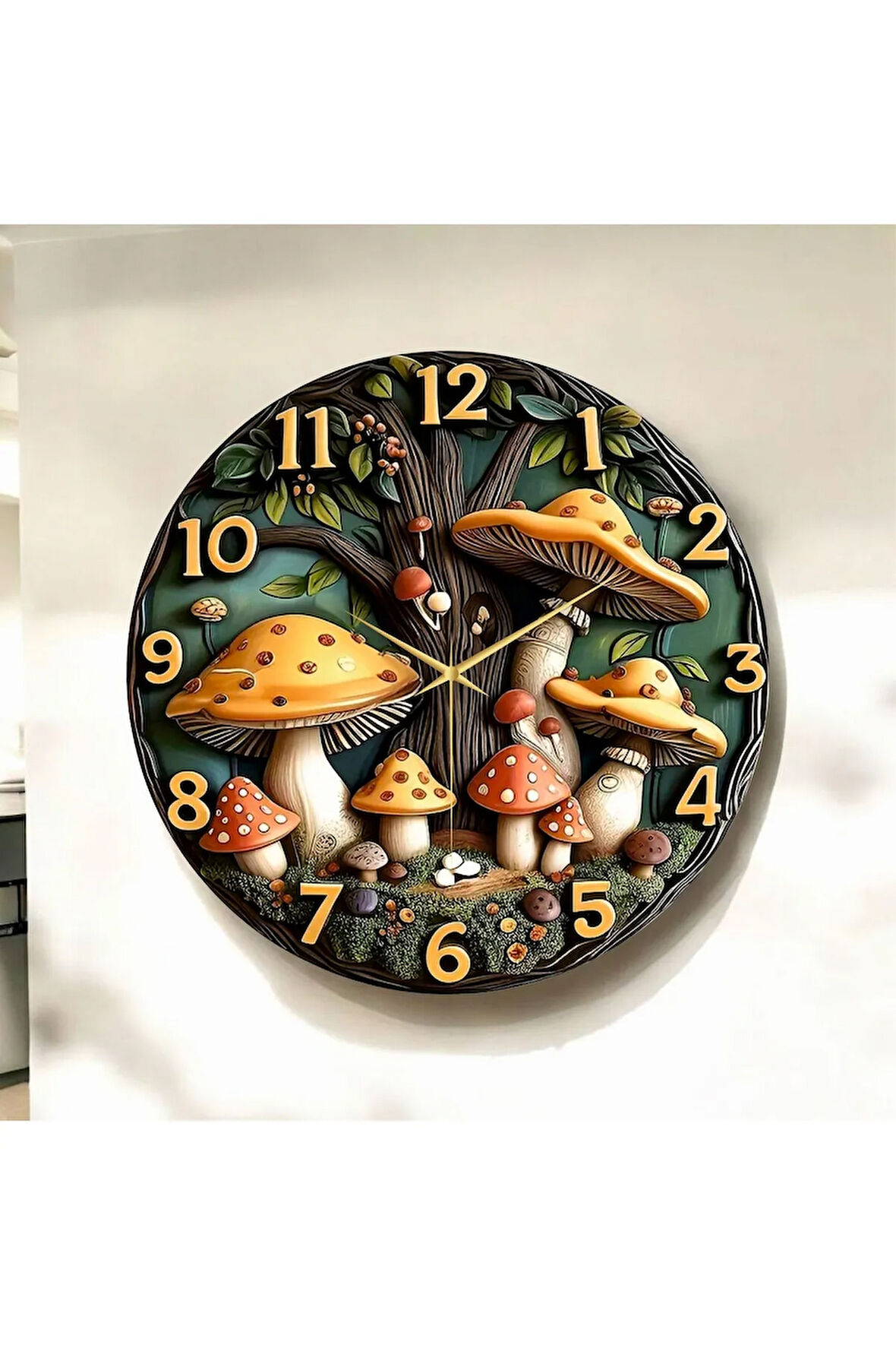 Mantar Kabartma Görünümlü Renkli Baskı Desenli Sayılı Hediyelik Ahşap Sessiz Duvar Saati 50cm