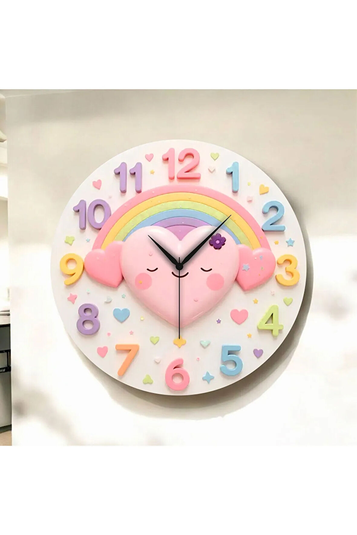 Renkli Baskı Kalp Çocuk Desenli Sayılı Hediyelik Ahşap Sessiz Duvar Saati 50cm