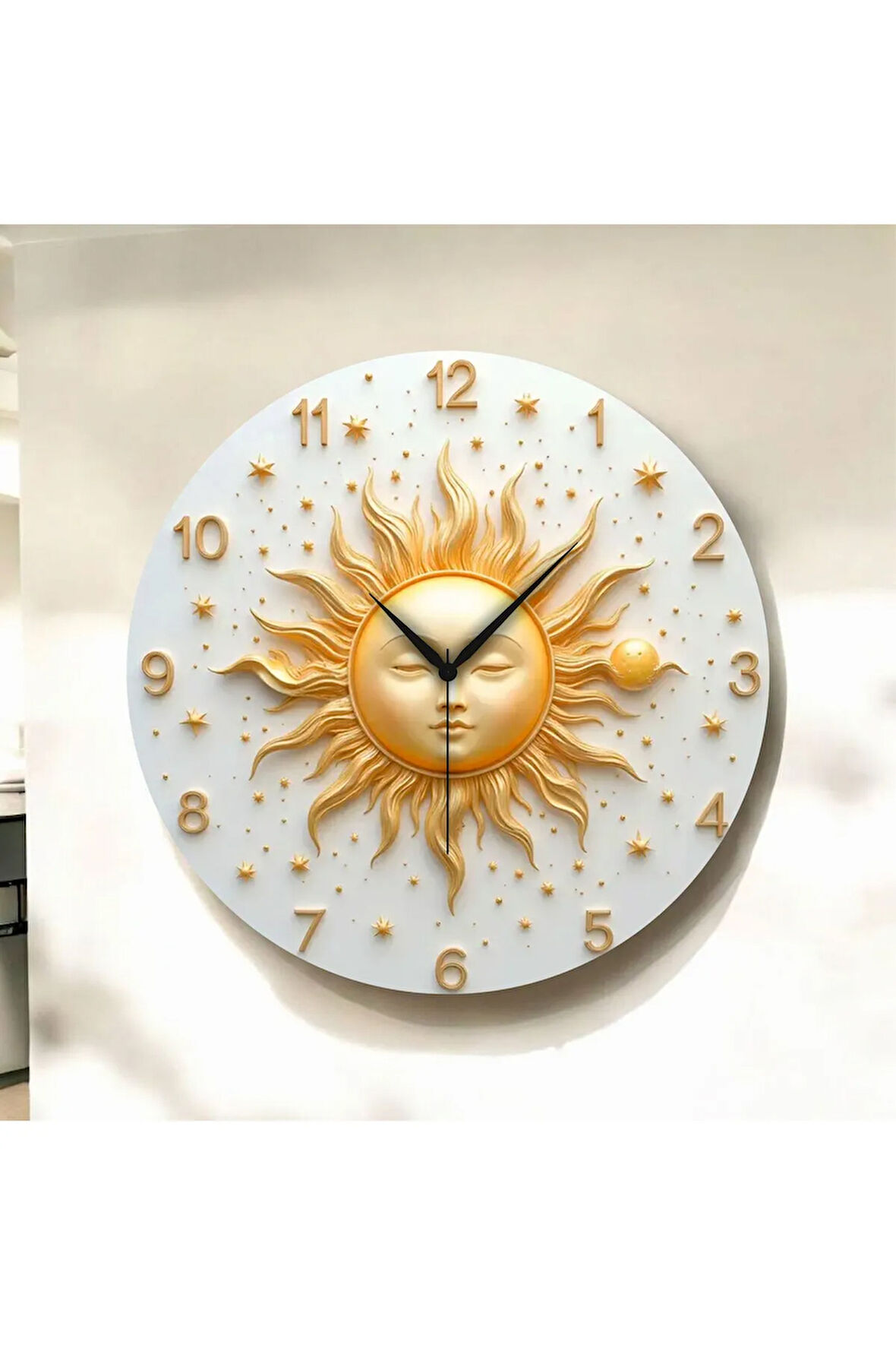 Renkli Baskı Güneş Desenli Sayılı Hediyelik Ahşap Sessiz Duvar Saati 50cm