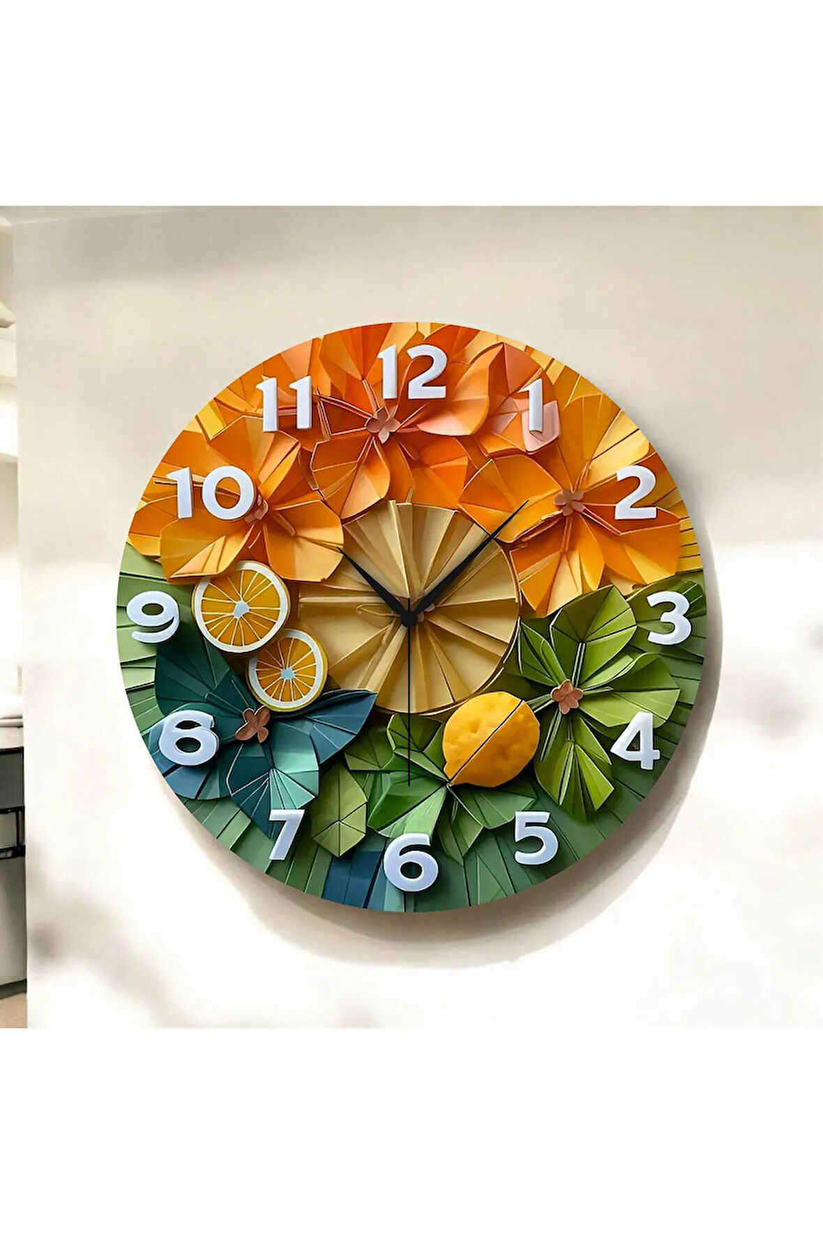 Renkli Baskı Meyve Sebze Desenli Sayılı Hediyelik Ahşap Sessiz Duvar Saati 50cm