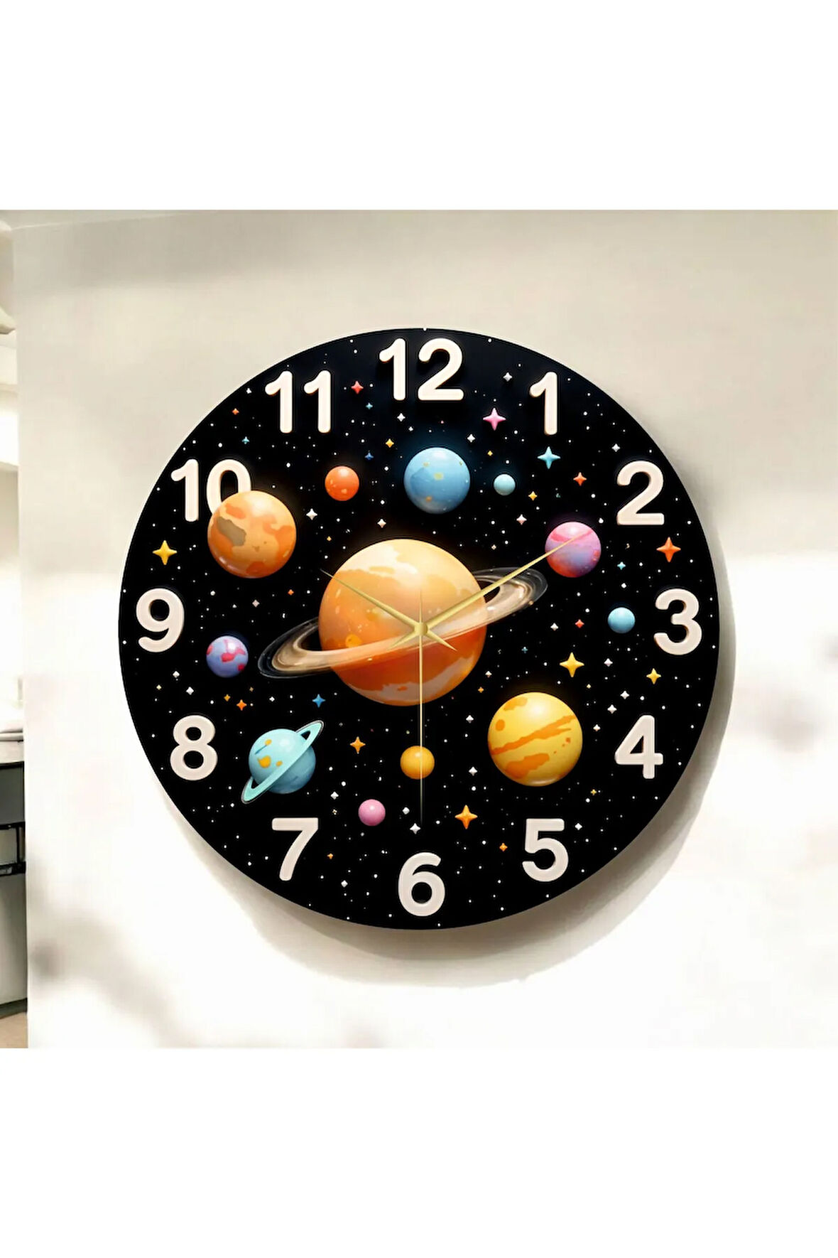 Renkli Baskı Gezegen ve Uzay Desenli Sayılı Hediyelik Ahşap Sessiz Çocuk Duvar Saati 50cm