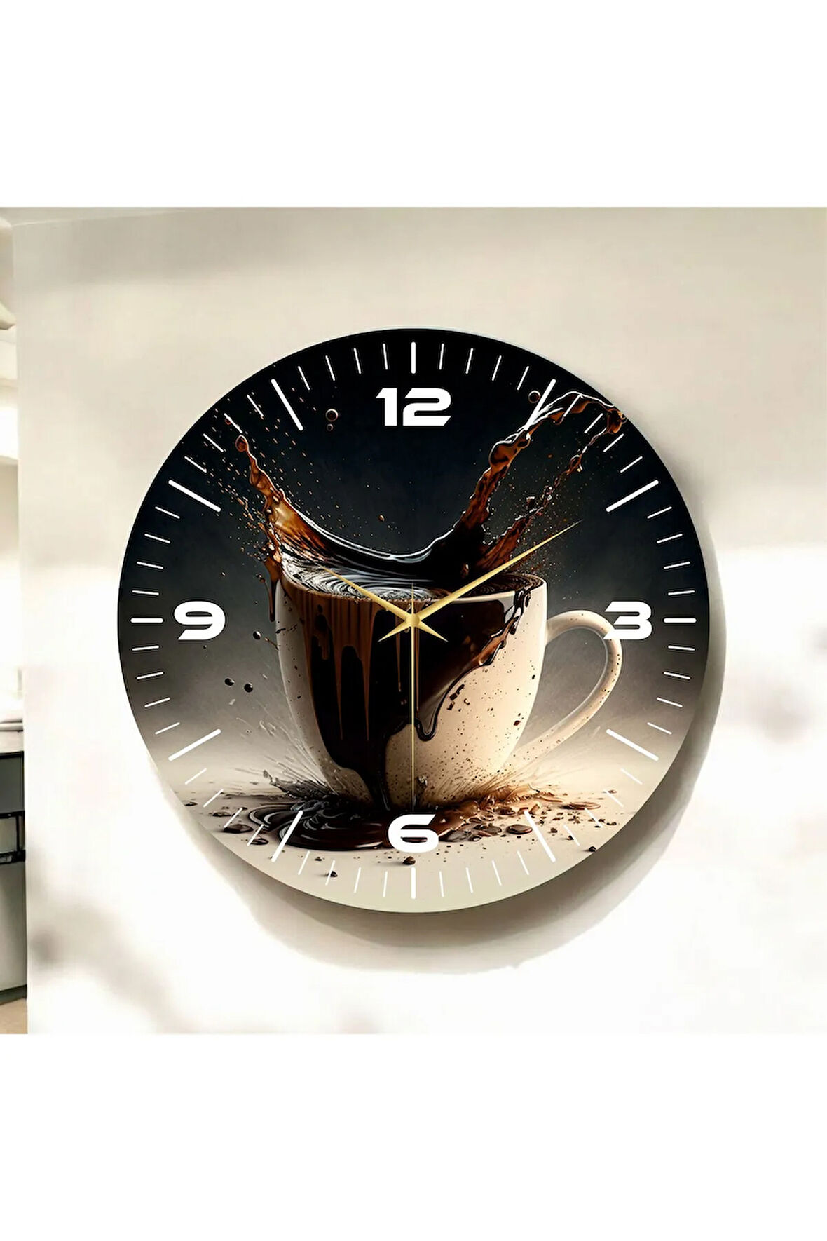 Gerçekçi Kahve Renkli Baskı Fincan Desenli Sayılı Hediyelik Ahşap Sessiz Duvar Saati 50cm