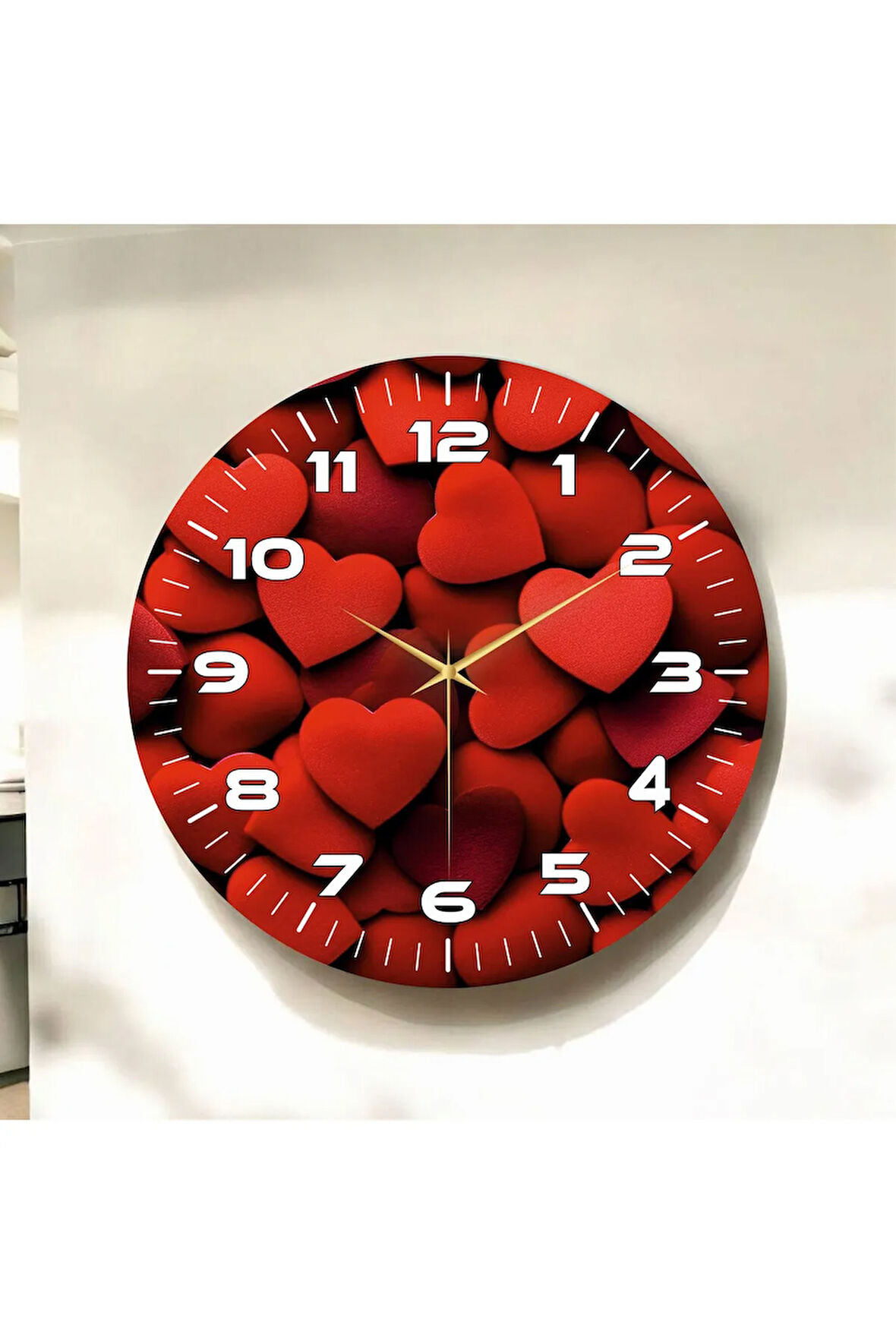 Kırmızı Renkli Baskı Kalp Desenli Sayılı Hediyelik Ahşap Sessiz Duvar Saati 50cm