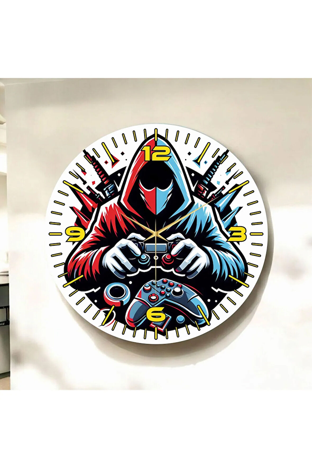 Renkli Baskı Gamer Oyuncu Desenli Sayılı Hediyelik Ahşap Sessiz Duvar Saati 50cm