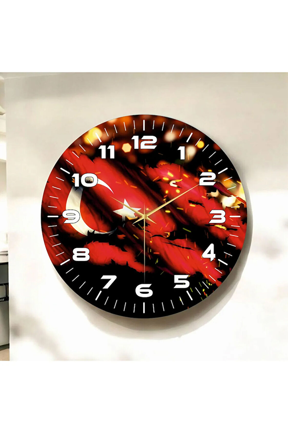 Siyah Kırmızı Renkli Baskı Türk Bayrağı Desenli Sayılı Hediyelik Ahşap Sessiz Duvar Saati 50cm