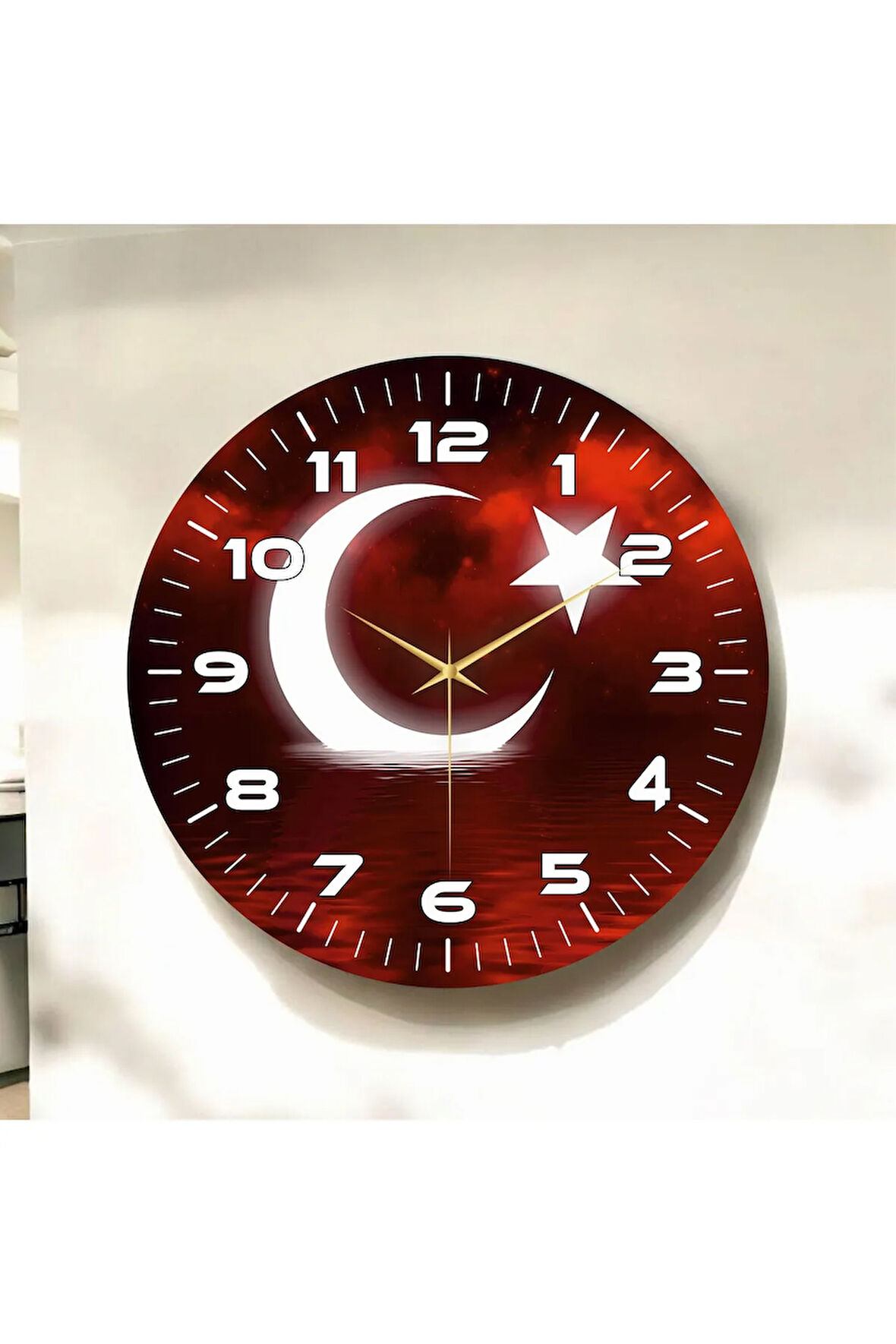 Renkli Baskı Türk Bayrak Desenli Sayılı Hediyelik Ahşap Sessiz Duvar Saati 50cm