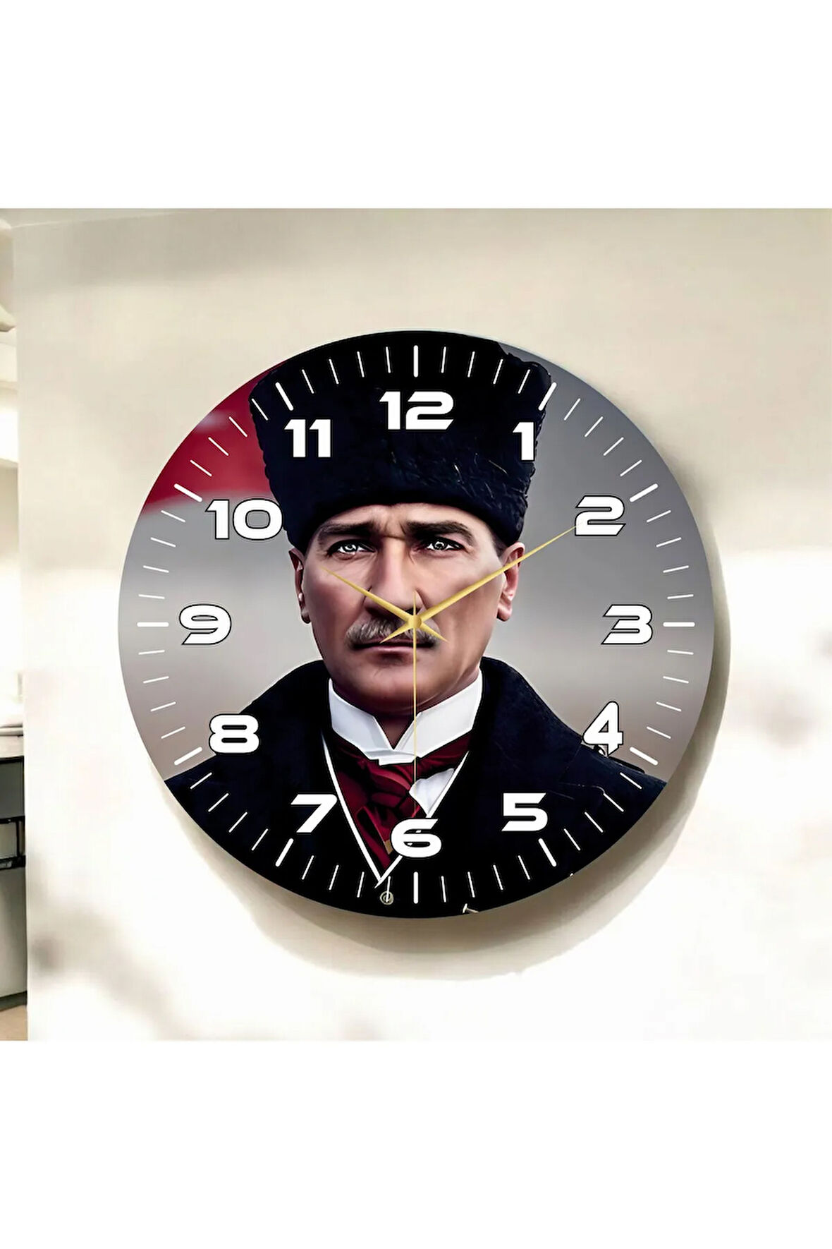 Renkli Baskı Atatürk Desenli Sayılı Hediyelik Ahşap Sessiz Duvar Saati 50cm