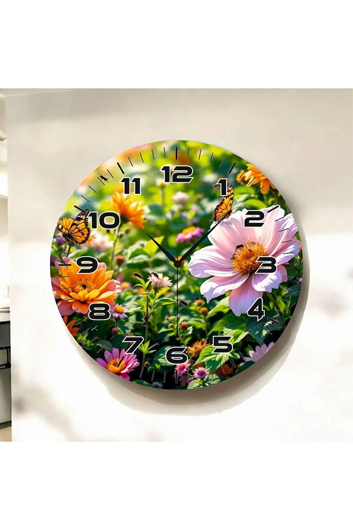 Renkli Baskı Çiçek Doğa Desenli Sayılı Hediyelik Ahşap Sessiz Duvar Saati 50cm