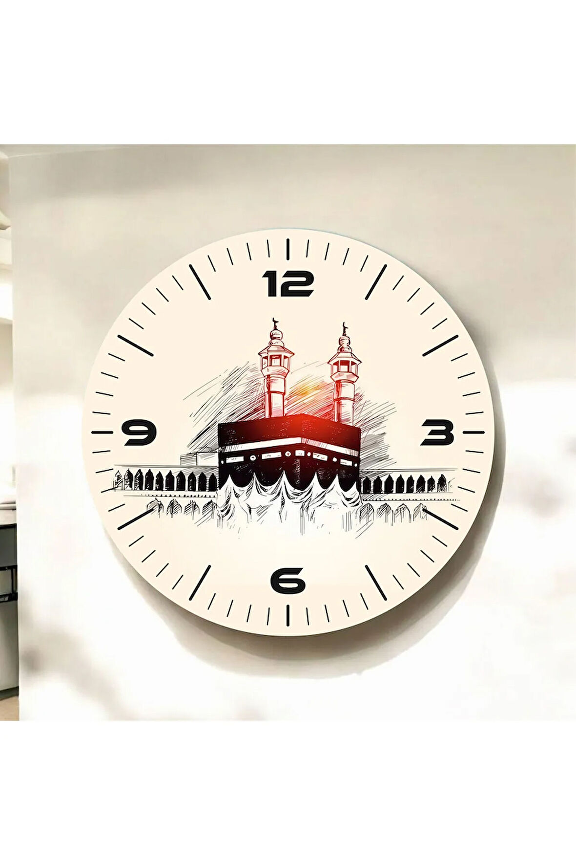 Renkli Baskı Kabe Dini Desenli Sayılı Hediyelik Ahşap Sessiz Duvar Saati 50cm
