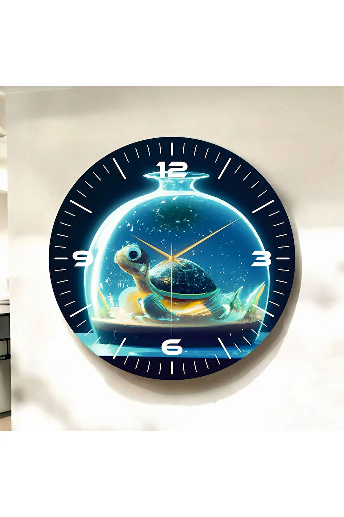 Renkli Baskı Kaplumbağa Desenli Sayılı Hediyelik Ahşap Sessiz Duvar Saati 50cm