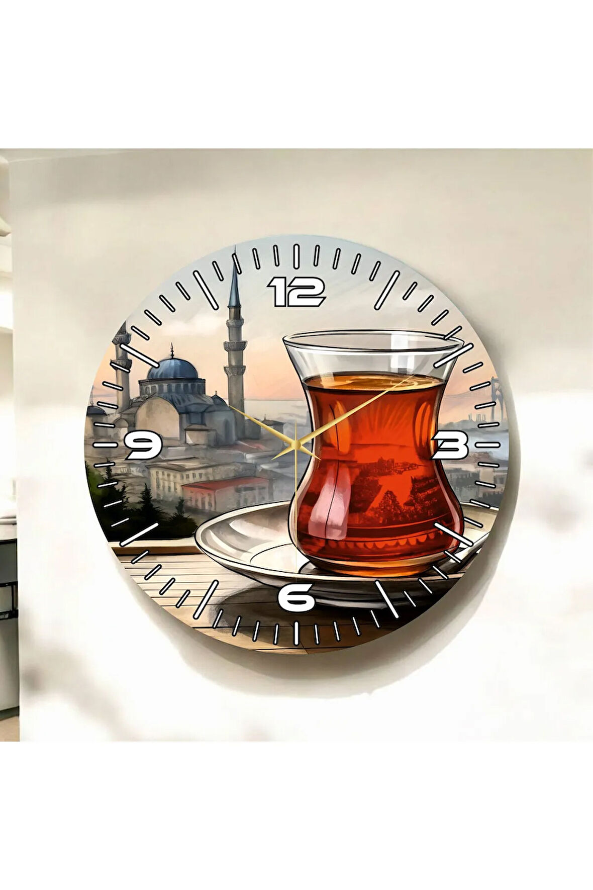 Renkli Baskı Çay İstanbul Desenli Sayılı Hediyelik Ahşap Sessiz Duvar Saati 50cm