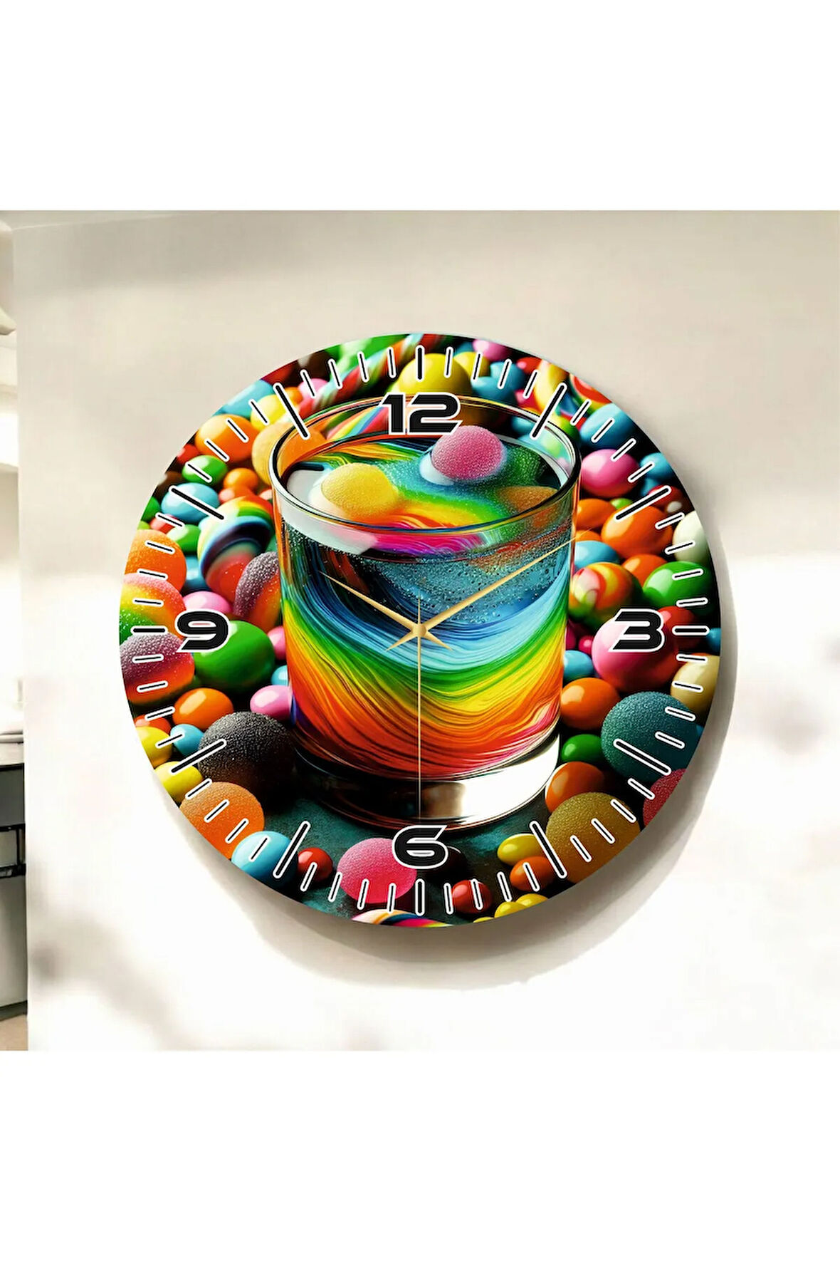 Renkli Baskı Desenli Sayılı Hediyelik Ahşap Sessiz Duvar Saati 50cm