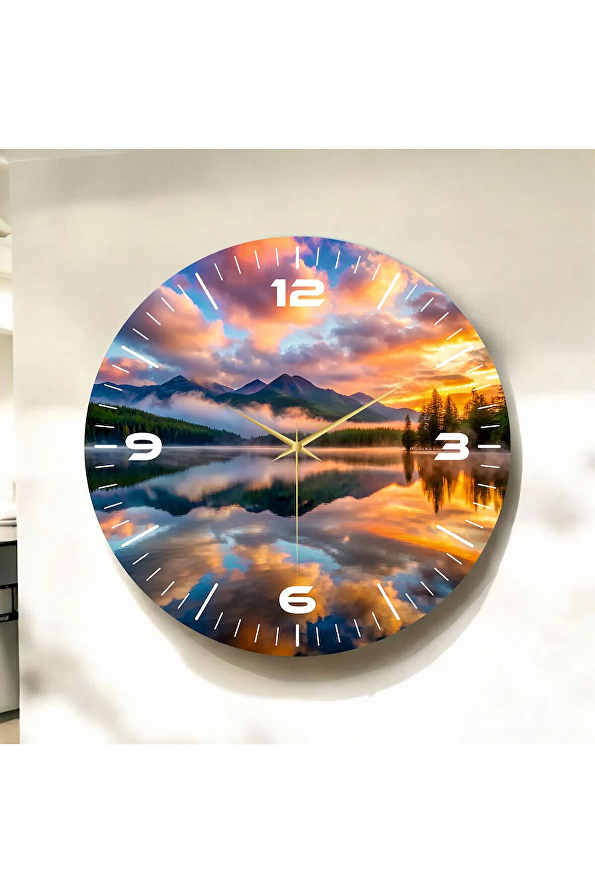 Renkli Baskı Gün Batımı ve Göl Manzarası Desenli Sayılı Hediyelik Ahşap Sessiz Duvar Saati 50cm