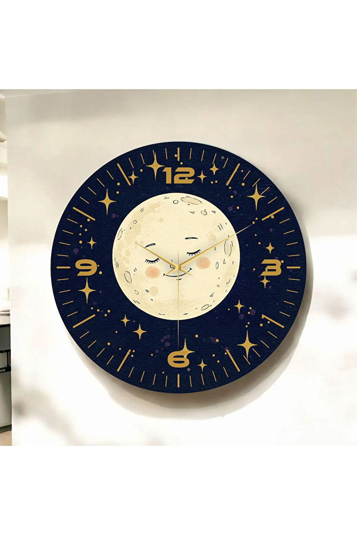 Renkli Baskı Ay Desenli Sayılı Hediyelik Ahşap Sessiz Duvar Saati 50cm